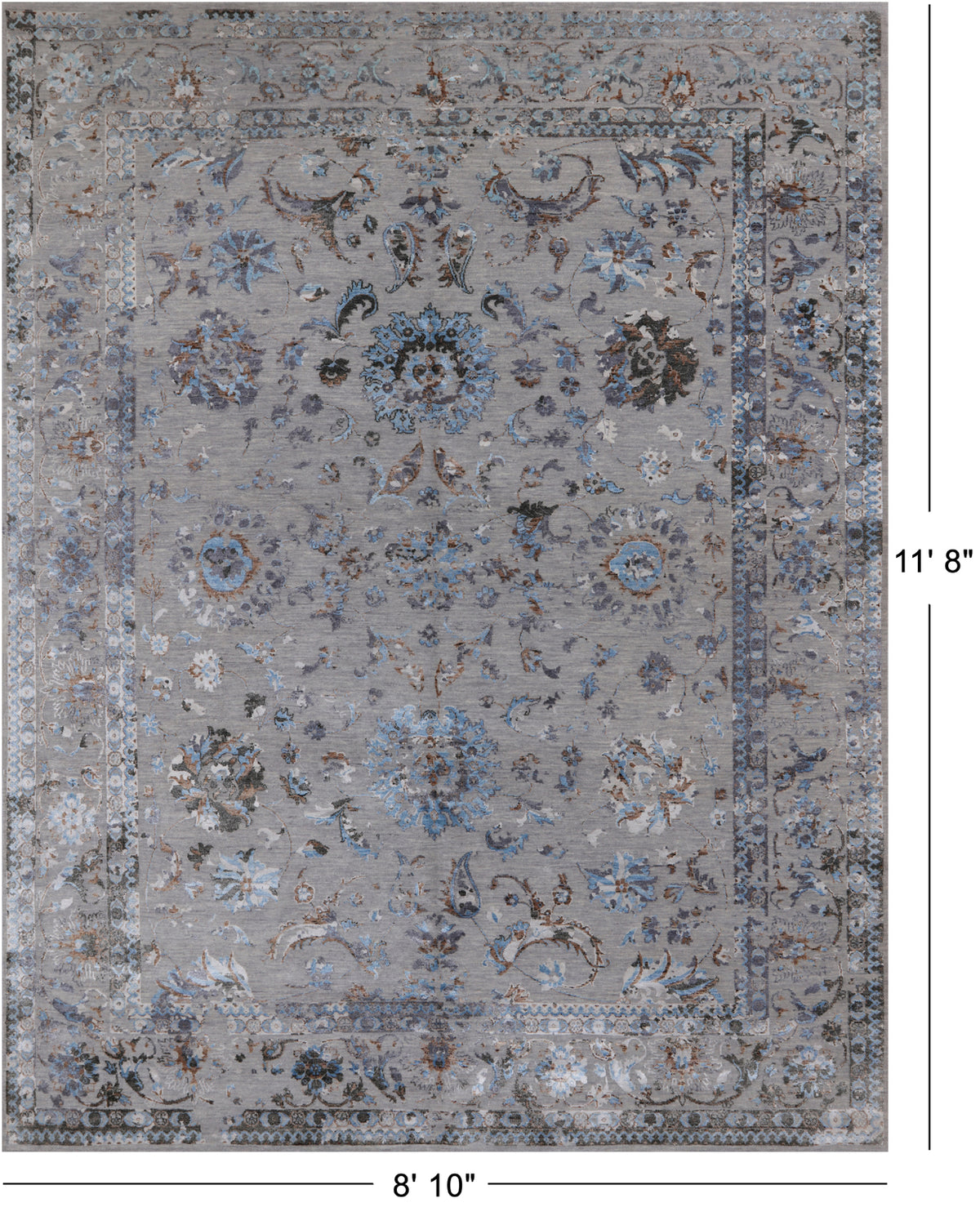 Grey Persian Tabriz Hand Knotted Wool & Silk Rug - 8' 10" X 11' 8"
