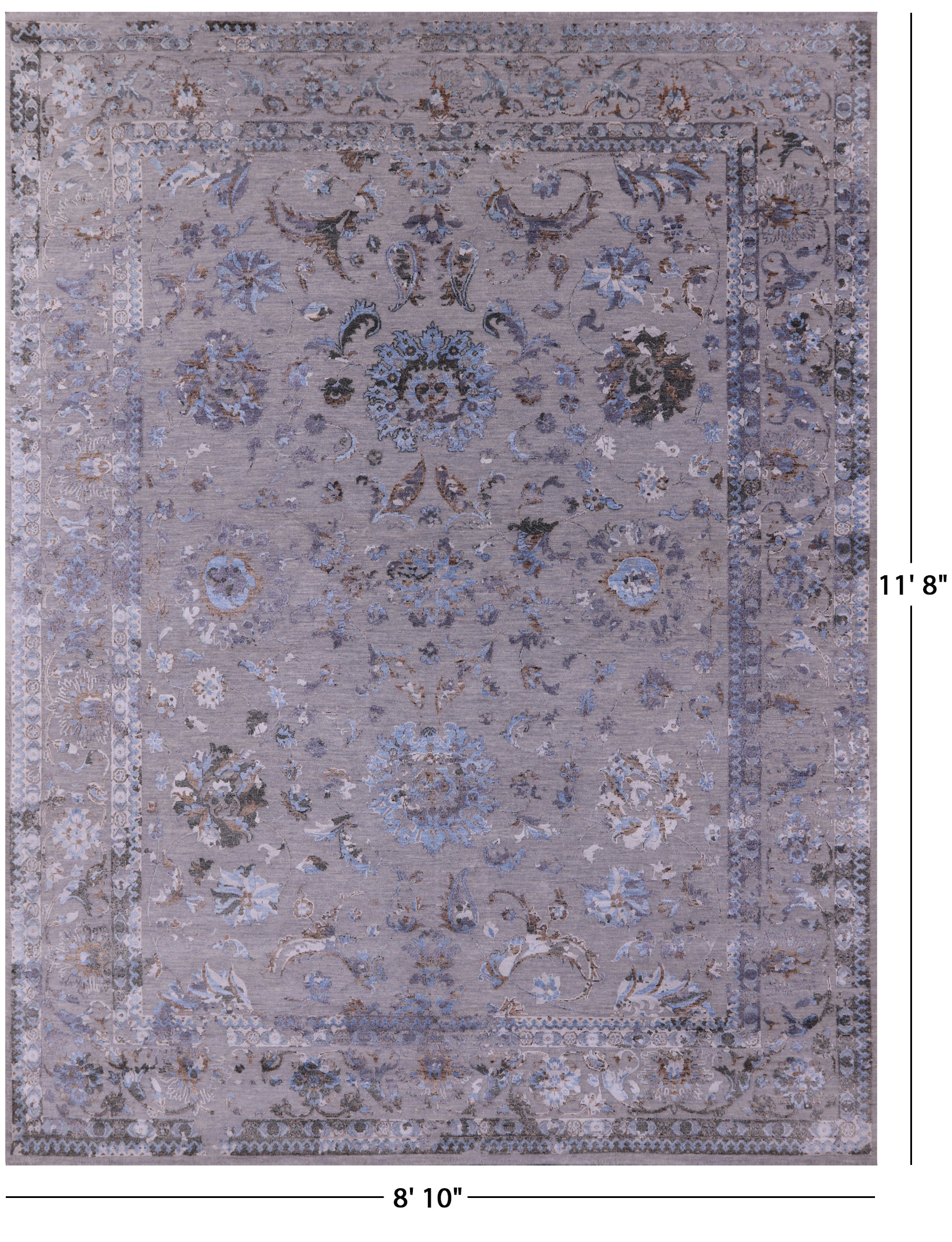Grey Persian Tabriz Hand Knotted Wool & Silk Rug - 8' 10" X 11' 8" - Golden Nile