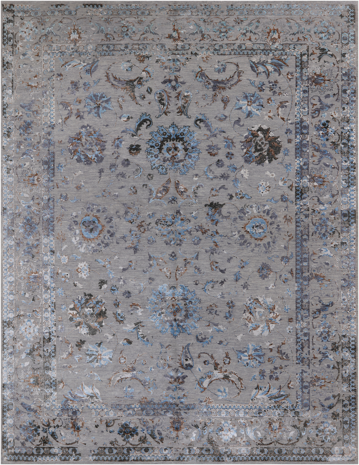 Grey Persian Tabriz Hand Knotted Wool & Silk Rug - 8' 10" X 11' 8"