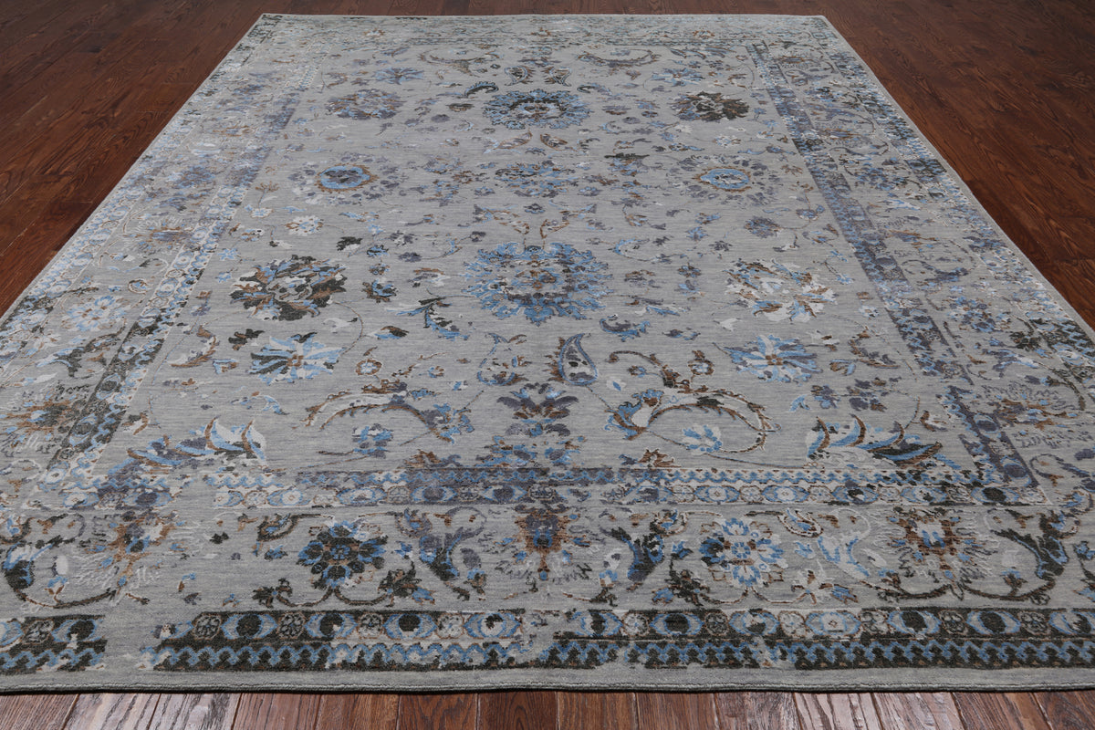 Grey Persian Tabriz Hand Knotted Wool & Silk Rug - 8' 10" X 11' 8"