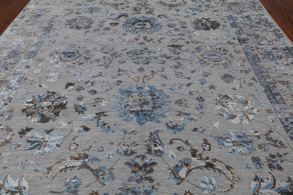 Grey Persian Tabriz Hand Knotted Wool & Silk Rug - 8' 10" X 11' 8"
