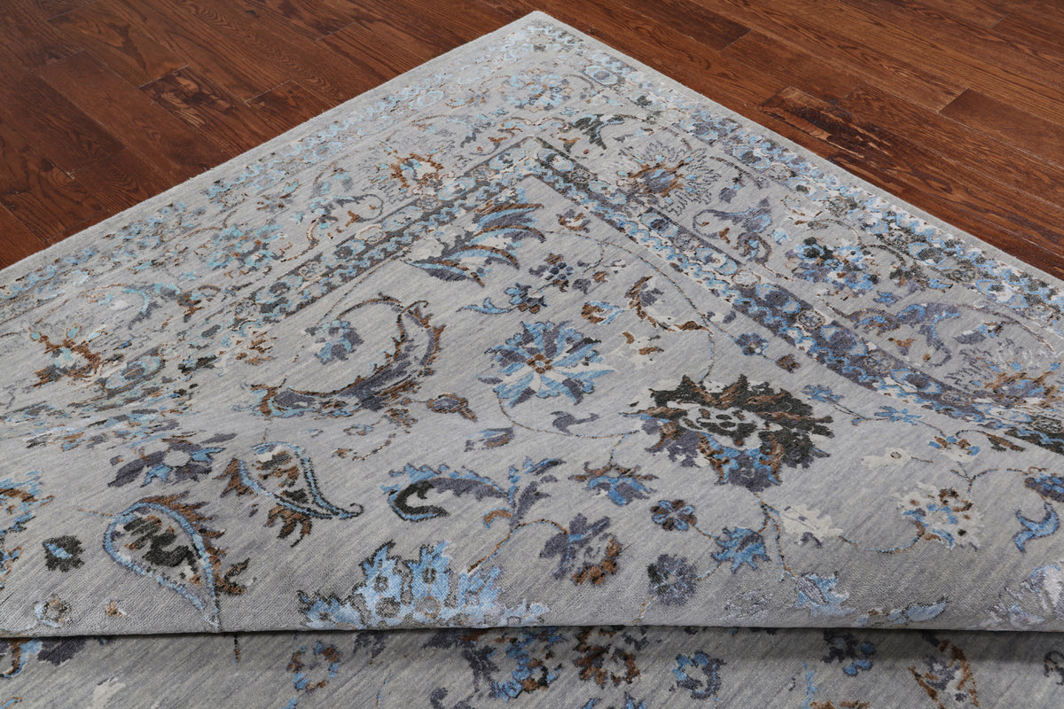 Grey Persian Tabriz Hand Knotted Wool & Silk Rug - 8' 10" X 11' 8"