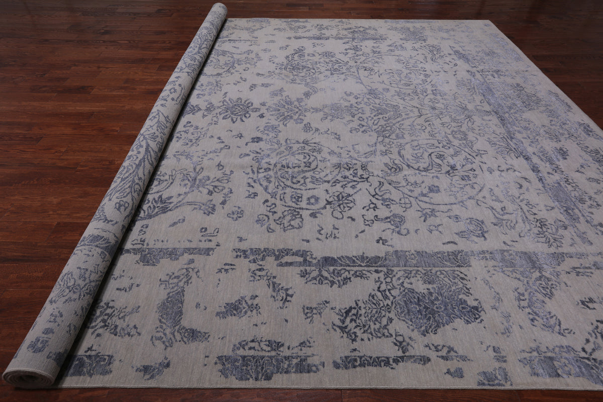 Grey Persian Hand Knotted Wool & Silk Rug - 11' 11" X 15' 1"