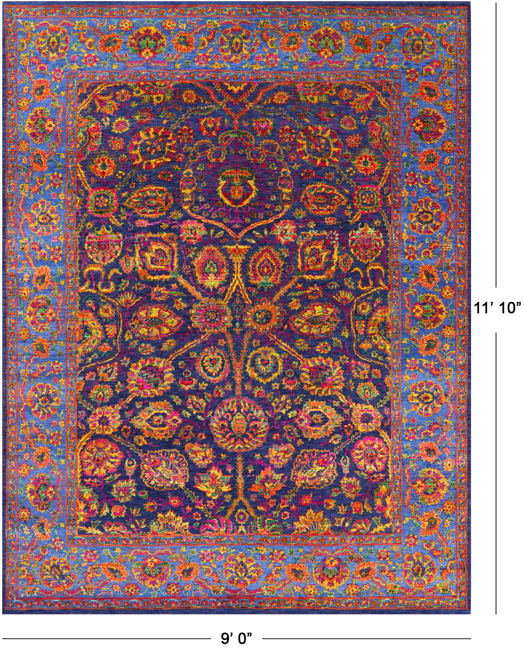 Blue Persian Hand Knotted Wool & Silk Rug - 9' 0" X 11' 10" - Golden Nile