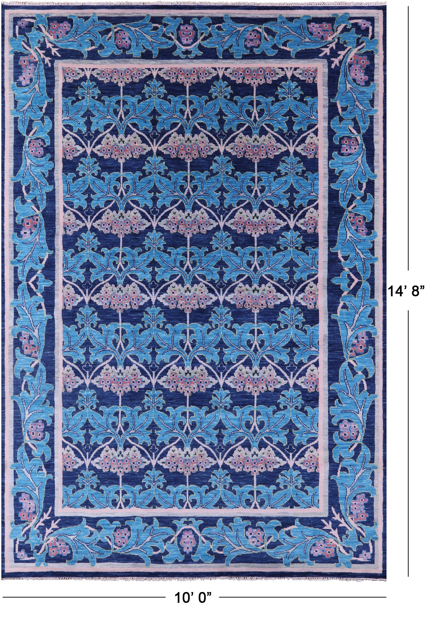 Blue William Morris Hand Knotted Wool Rug - 10' 0" X 14' 8" - Golden Nile