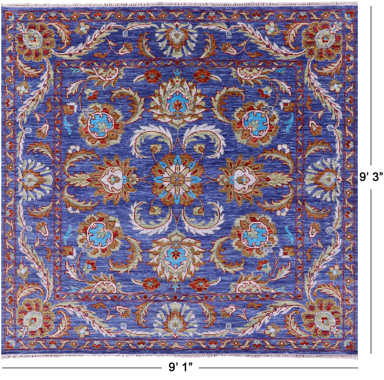 Blue Square Persian Tabriz Hand Knotted Wool Rug - 9' 1" X 9' 3" - Golden Nile