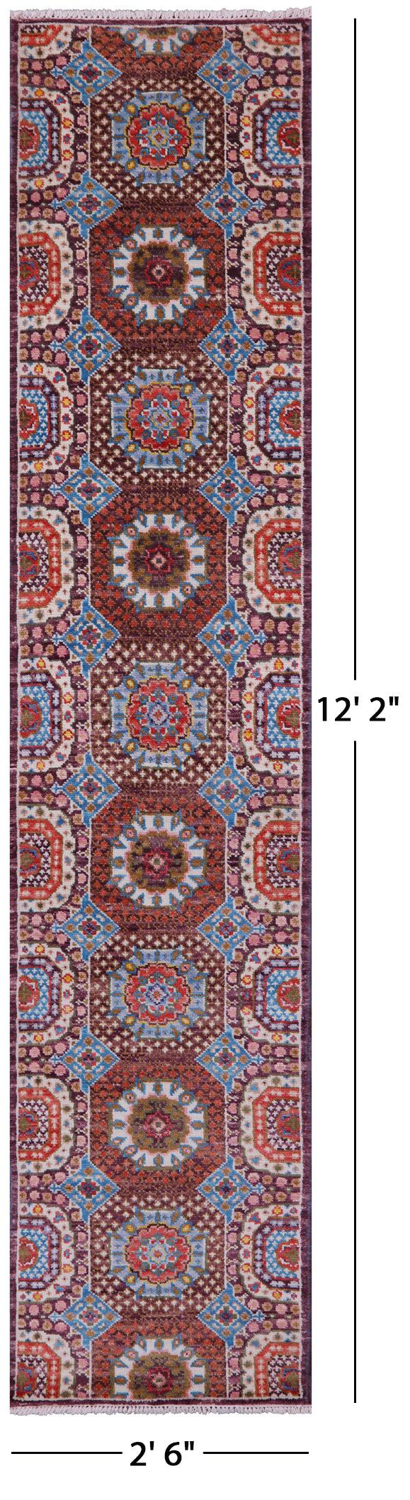 Geometric Persian Mamluk Hand Knotted Wool Runner Rug - 2' 6" X 12' 2" - Golden Nile