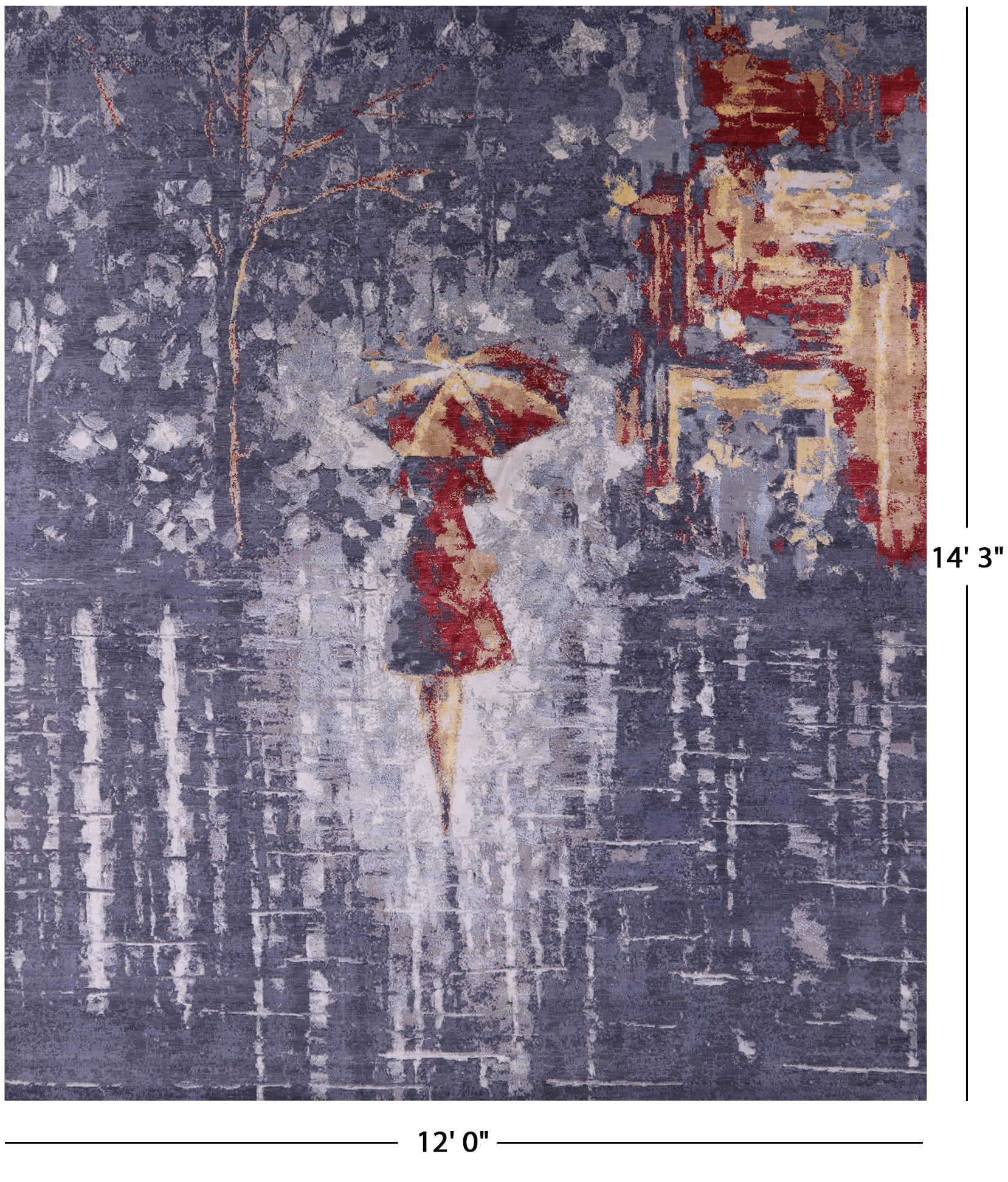 Woman Under The Rain Contemporary Hand Knotted Wool & Silk Rug - 12' 0" X 14' 3" - Golden Nile