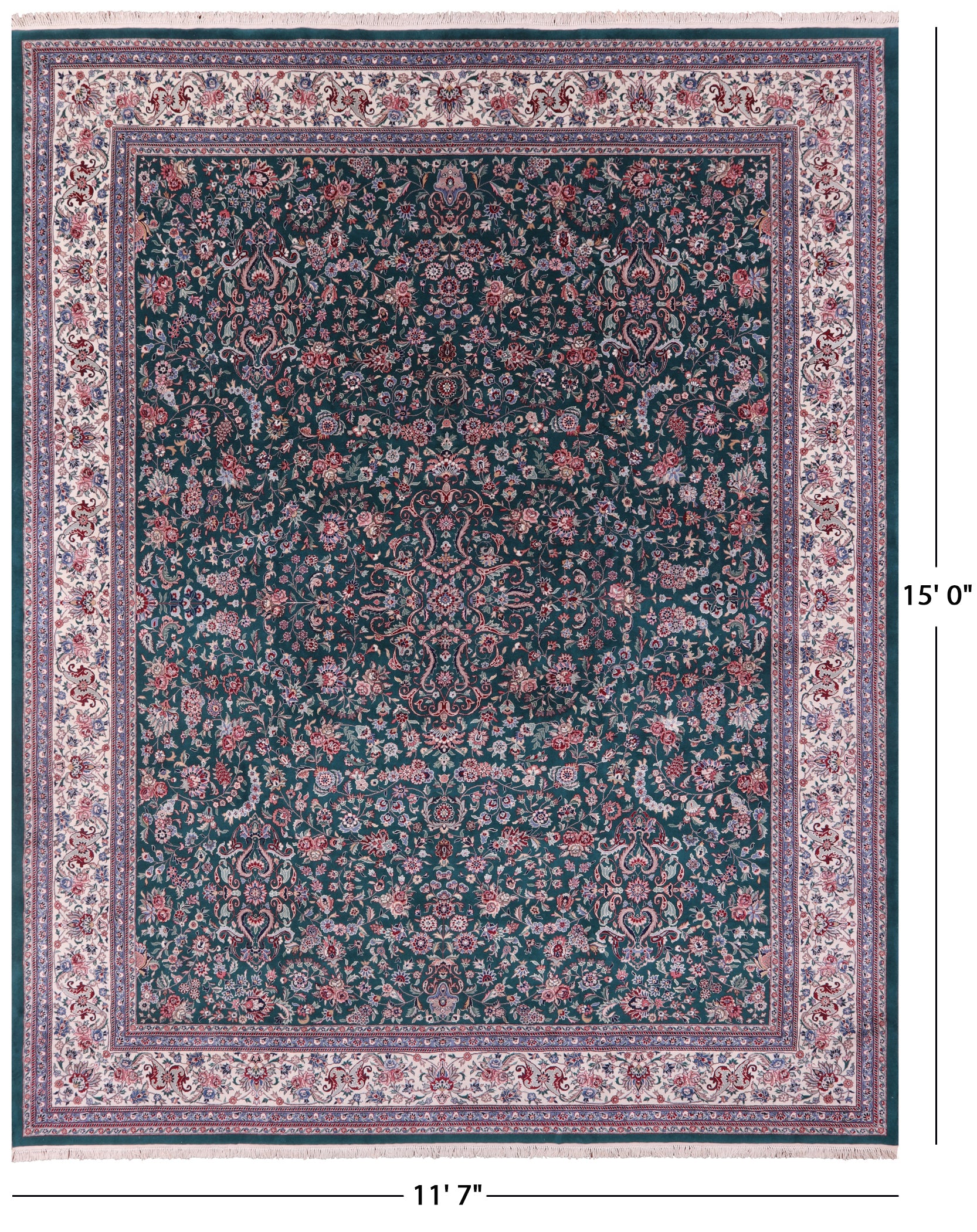 Green Fine Persian Kashan Hand Knotted Wool & Silk Rug - 11' 7" X 15' 0" - Golden Nile