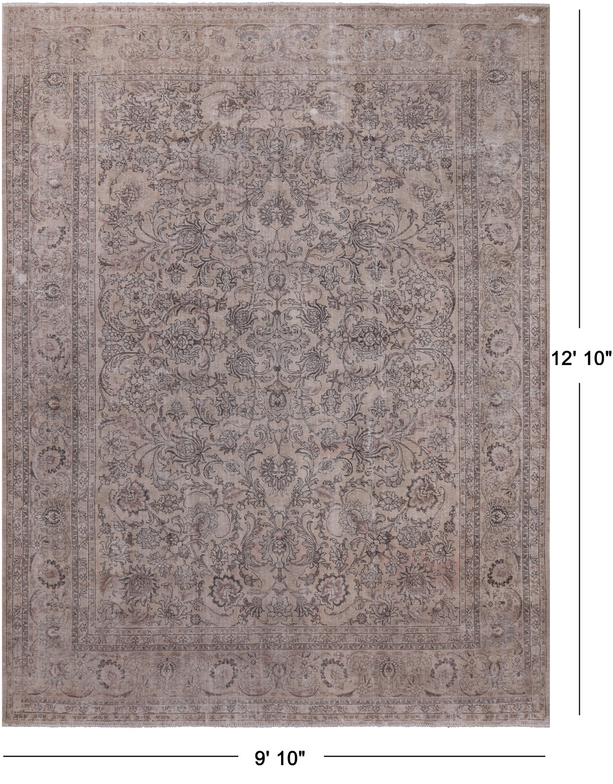 SUPER SALE Ivory Persian Vintage White Wash Hand-Knotted Wool Rug - 9' 10" X 12' 10