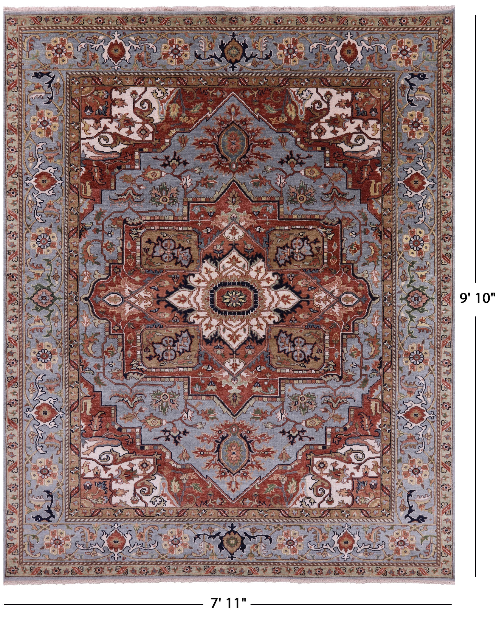 Blue Heriz Serapi Hand Knotted Wool Rug - 7' 11" X 9' 10" - Golden Nile