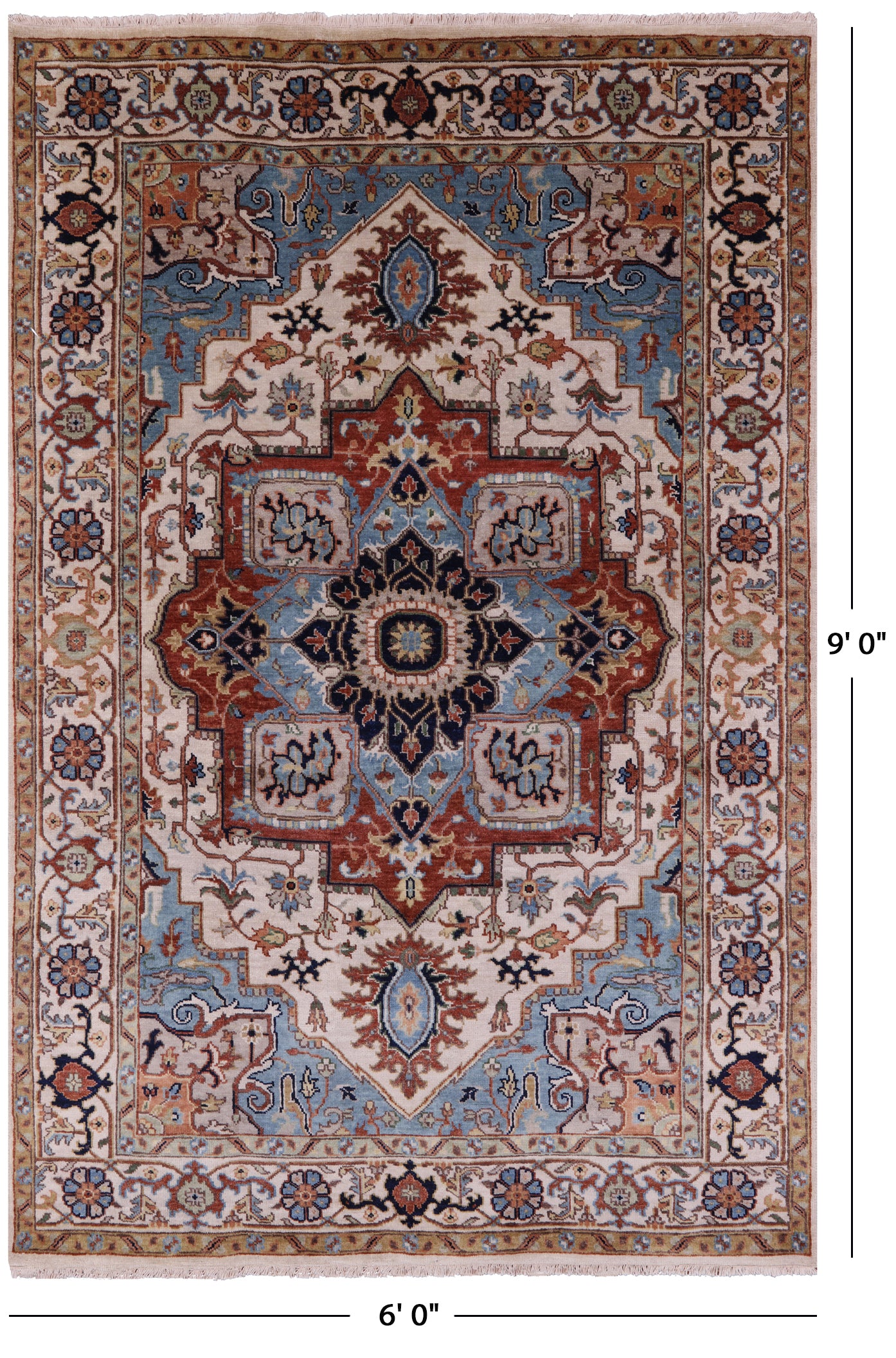 Ivory Heriz Serapi Hand Knotted Wool Rug - 6' 0" X 9' 0" - Golden Nile