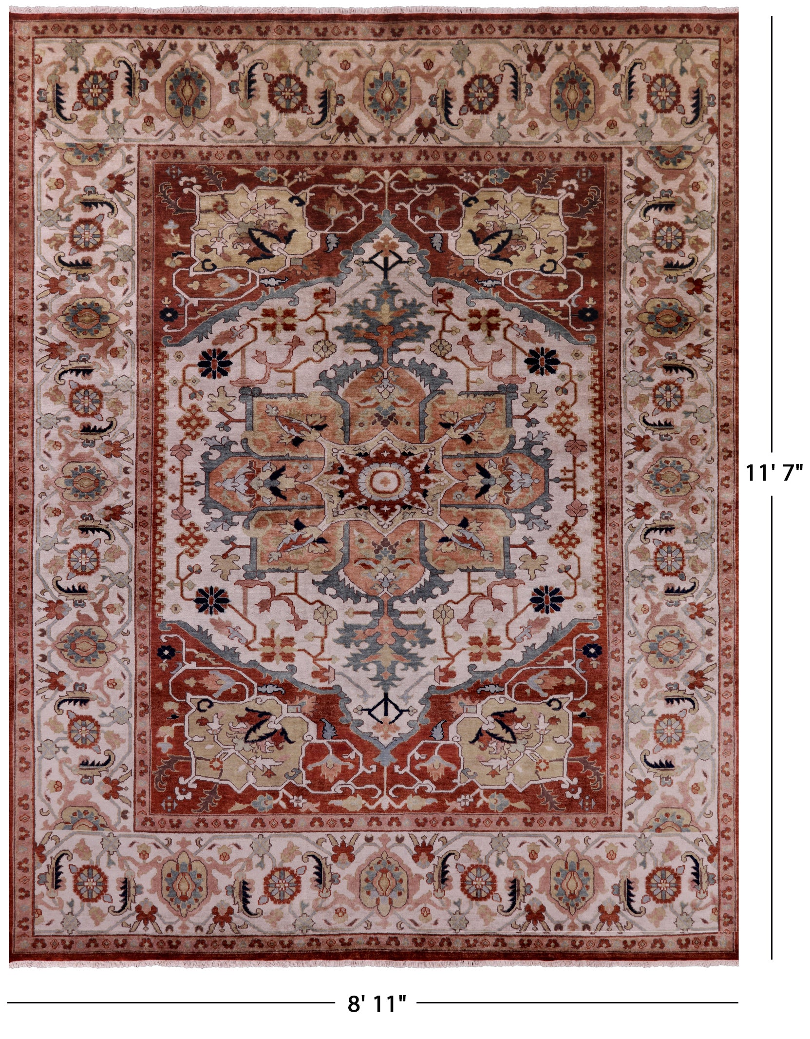Ivory Heriz Serapi Hand Knotted Wool Rug - 8' 11" X 11' 7" - Golden Nile
