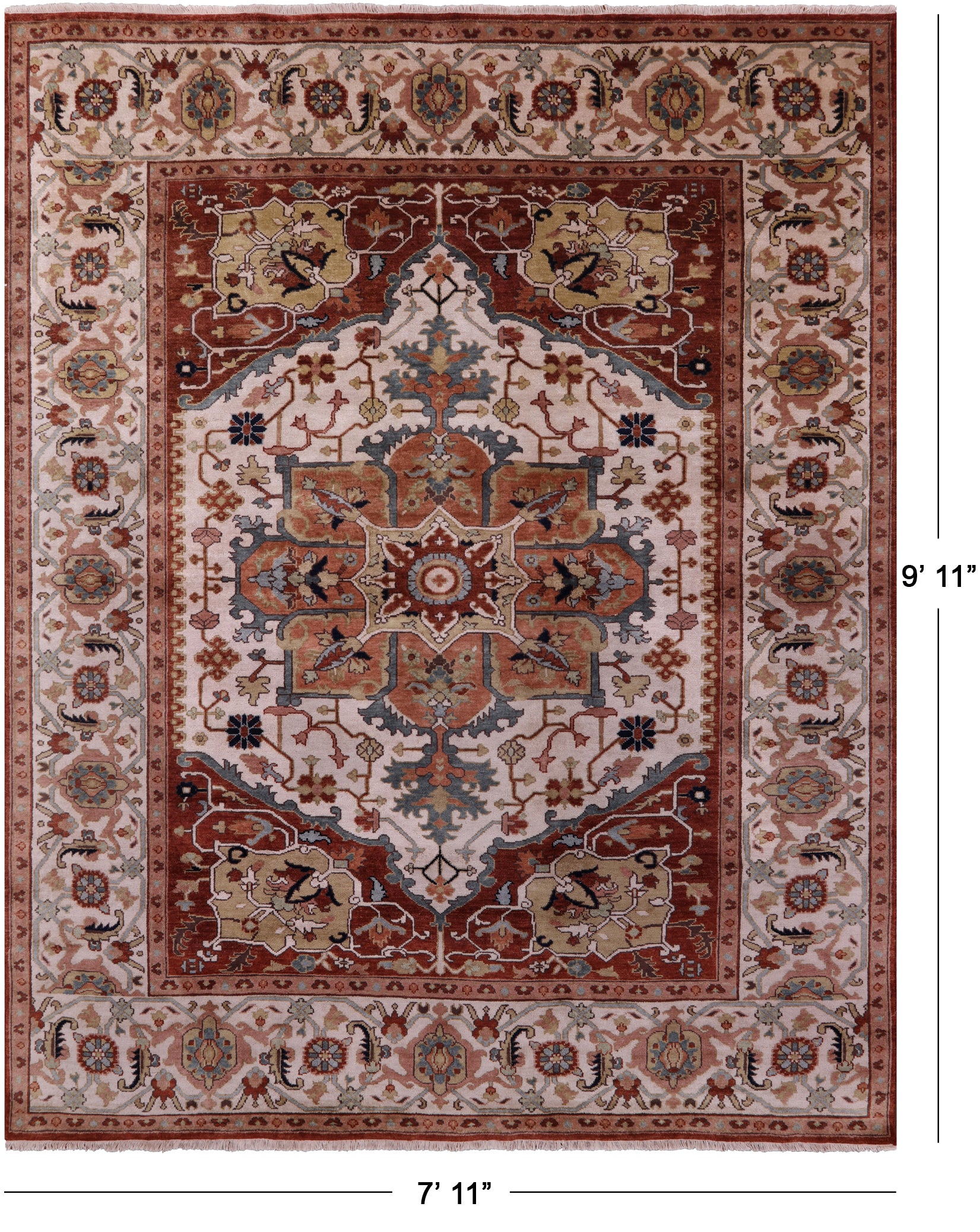 Ivory Heriz Serapi Hand Knotted Wool Rug - 7' 11" X 9' 11" - Golden Nile