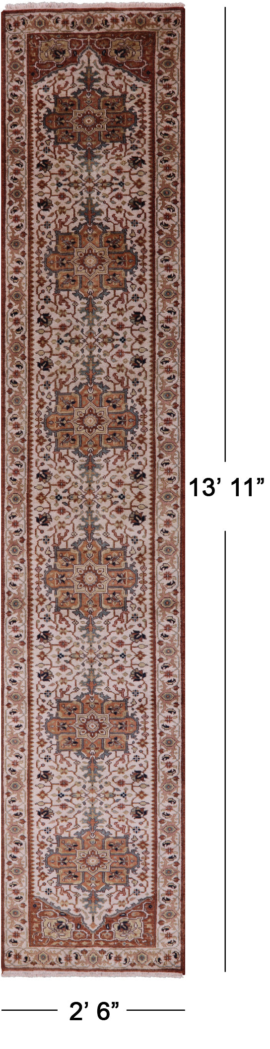 Ivory Heriz Serapi Hand Knotted Wool Runner Rug - 2' 6" X 13' 11" - Golden Nile
