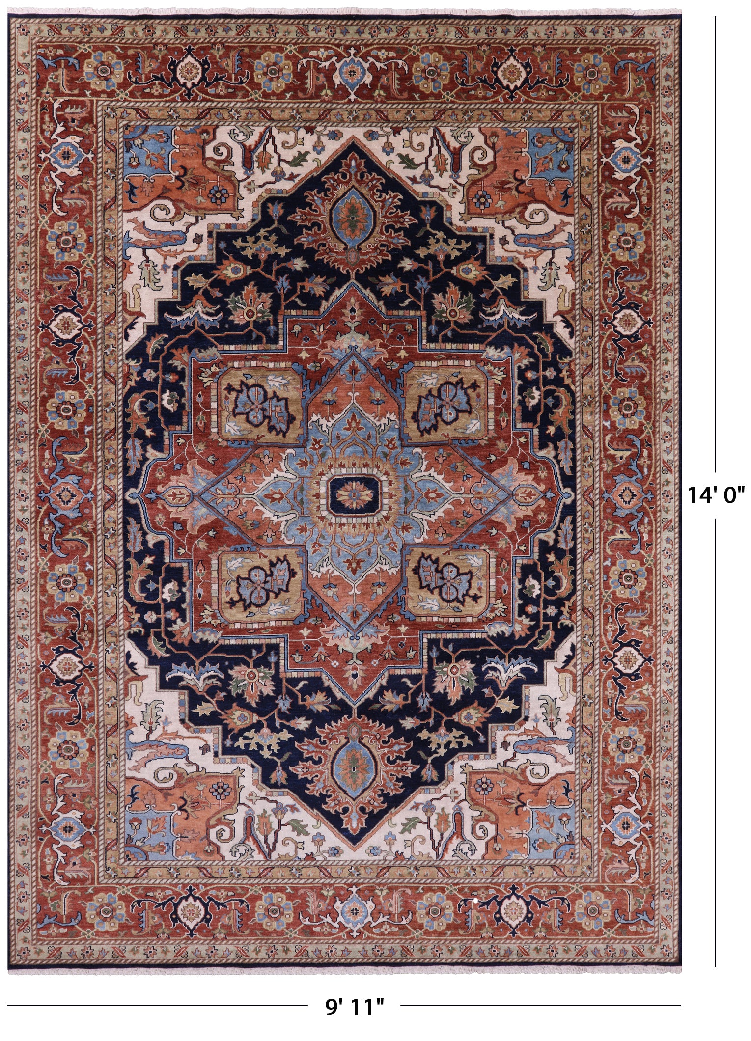 Blue Heriz Serapi Hand Knotted Wool Rug - 9' 11" X 14' 0" - Golden Nile