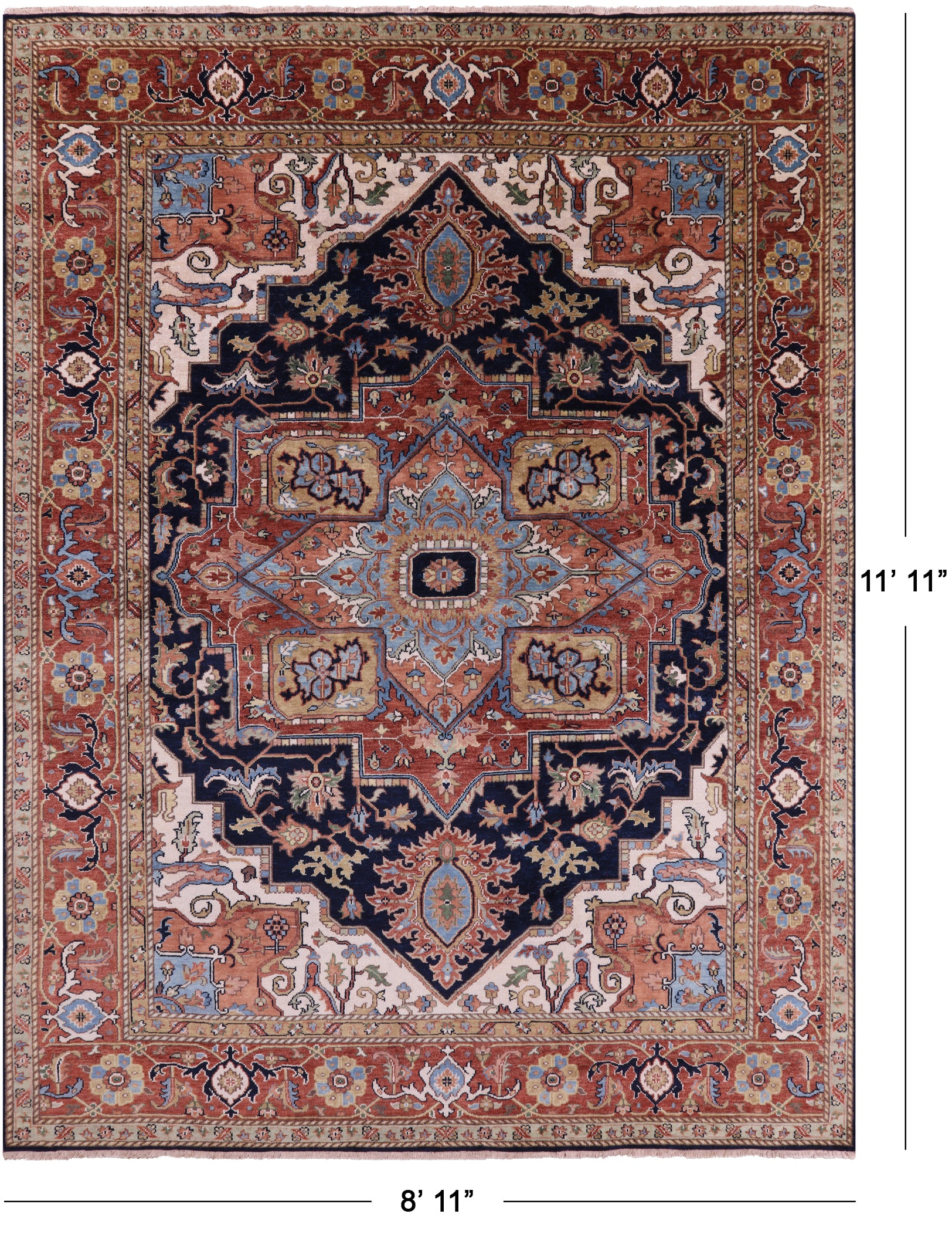 Blue Heriz Serapi Hand Knotted Wool Rug - 8' 11" X 11' 11" - Golden Nile