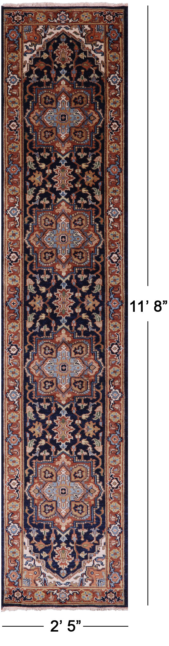 Blue Heriz Serapi Hand Knotted Wool Runner Rug - 2' 5" X 11' 8" - Golden Nile