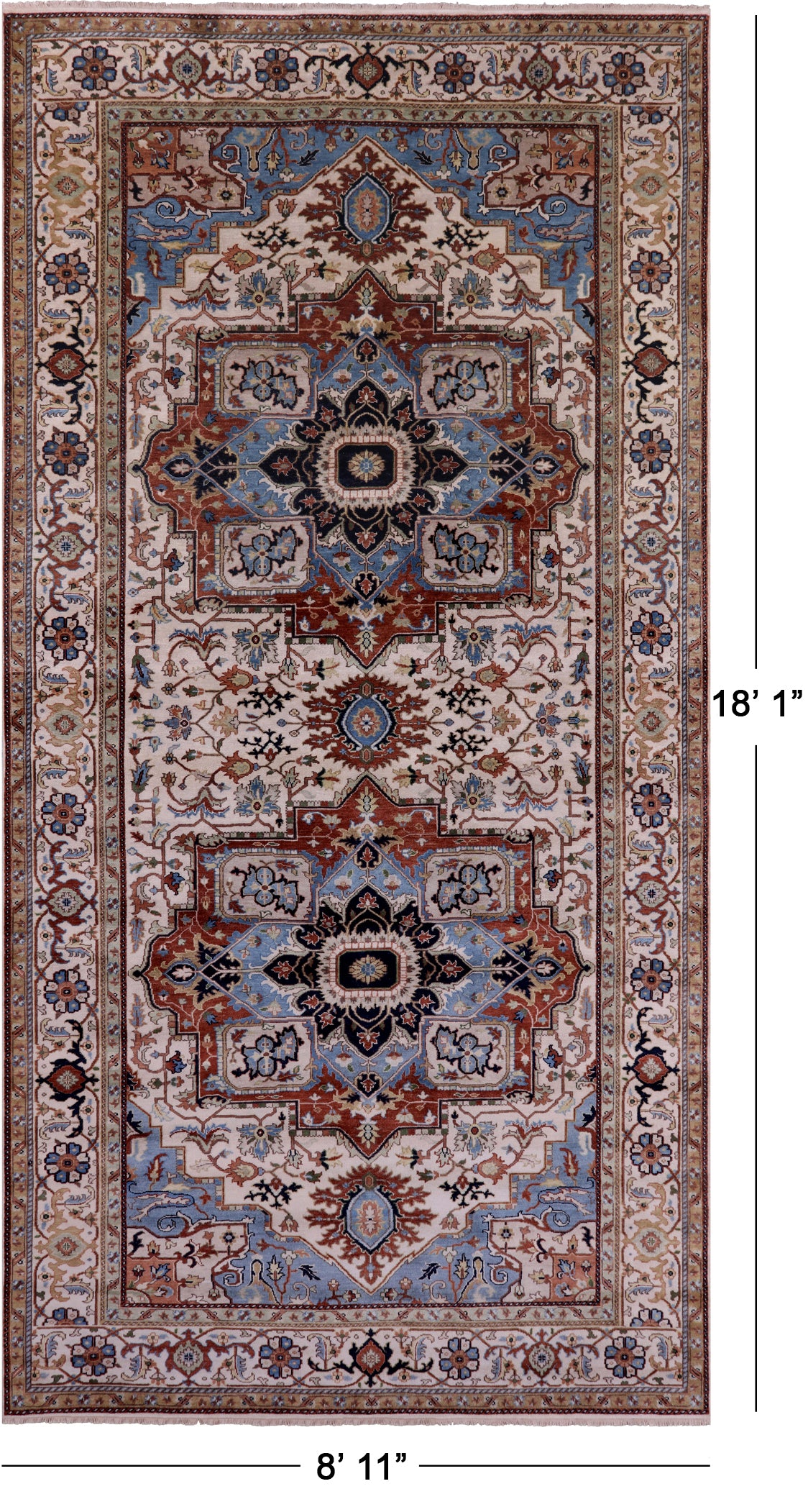 Ivory Heriz Serapi Hand Knotted Wool Rug - 8' 11" X 18' 1" - Golden Nile