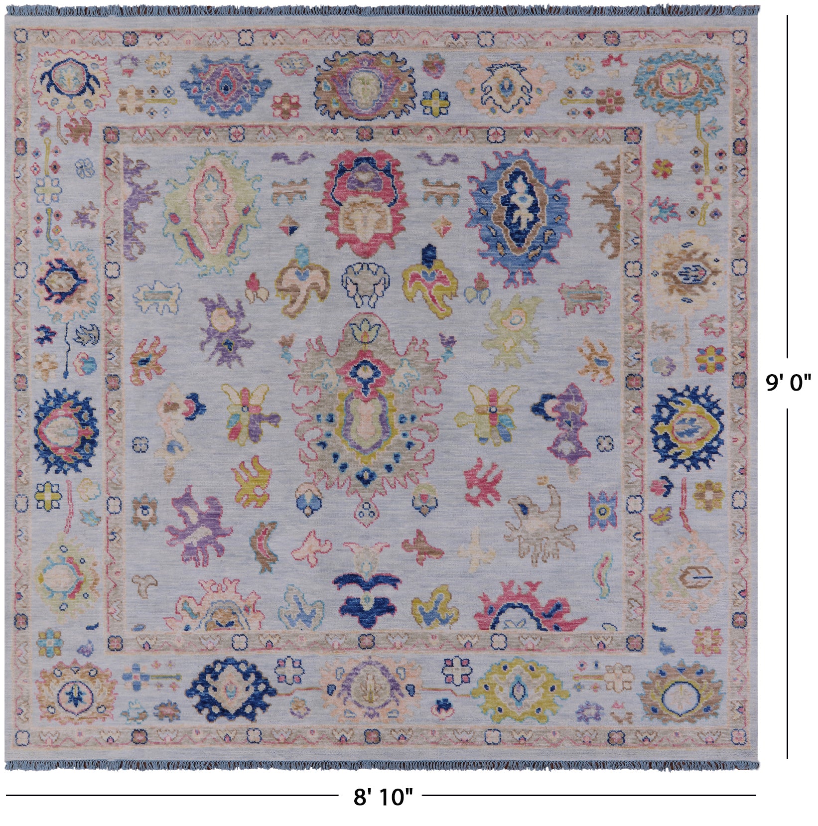 Light Blue Square Turkish Oushak Hand Knotted Wool Rug - 8' 10" X 9' 0" - Golden Nile