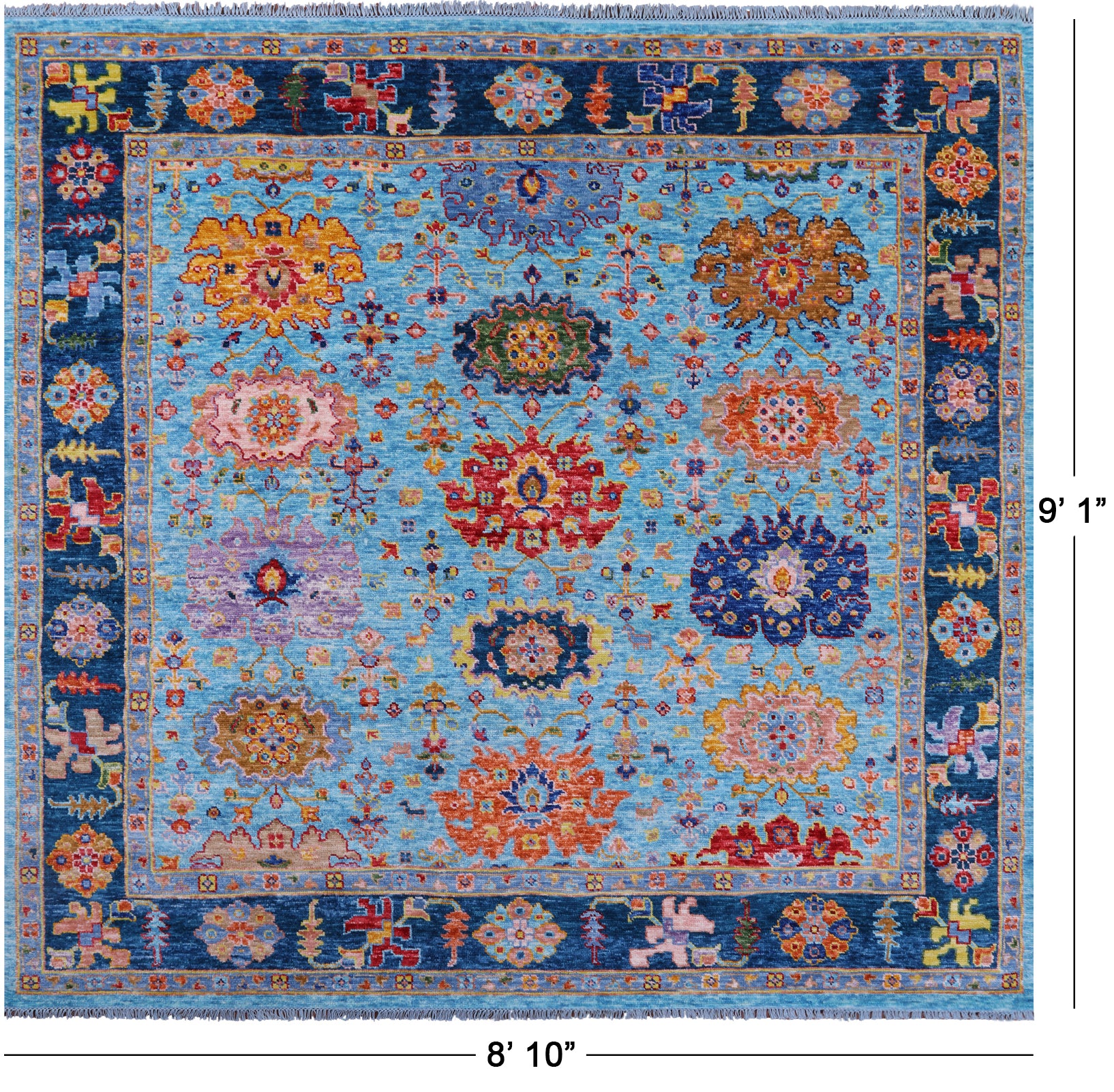 Blue Square Turkish Oushak Handmade Wool Rug - 8' 10" X 9' 1" - Golden Nile