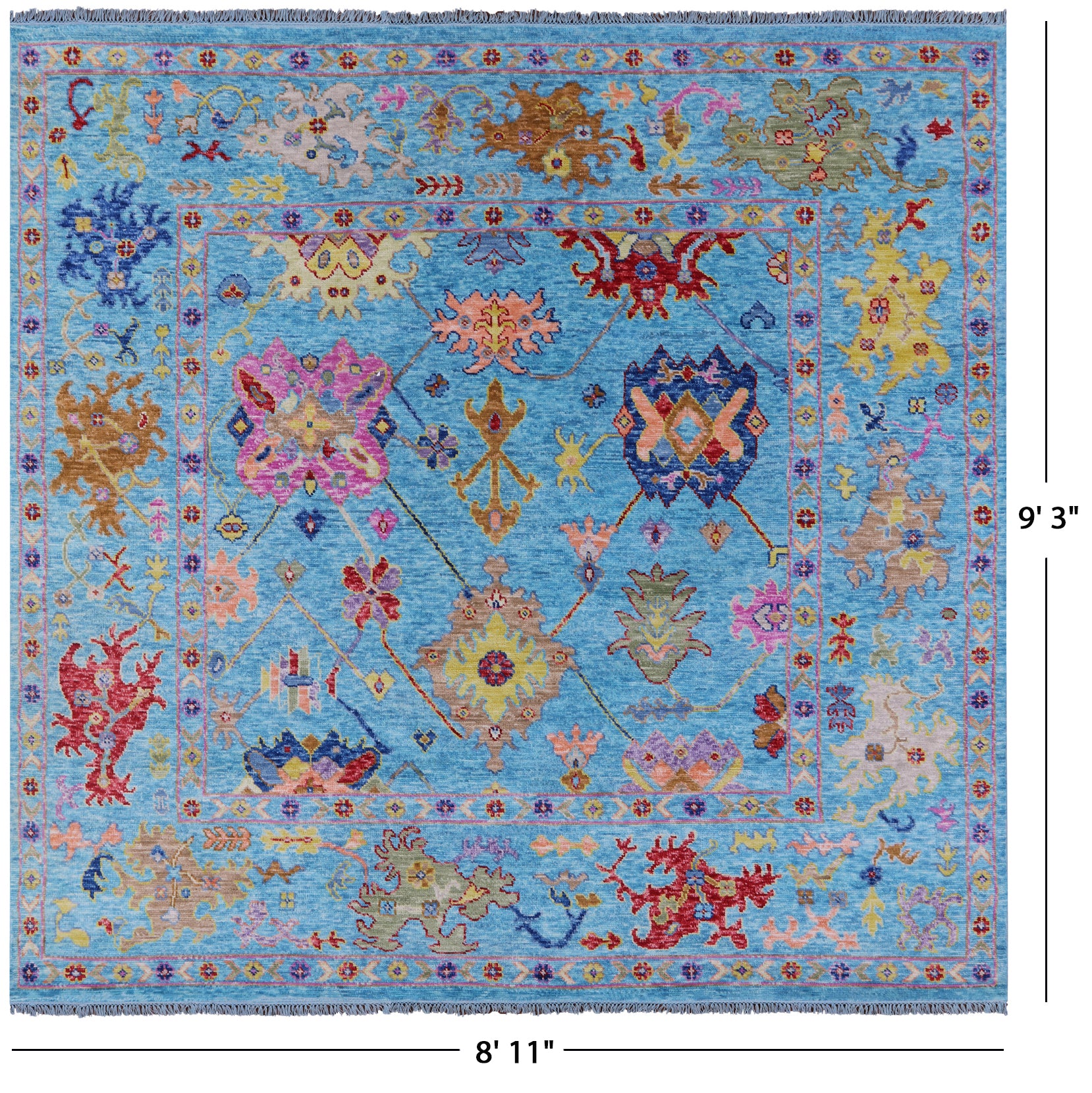 Blue Square Turkish Oushak Hand Knotted Wool Rug - 8' 11" X 9' 3" - Golden Nile