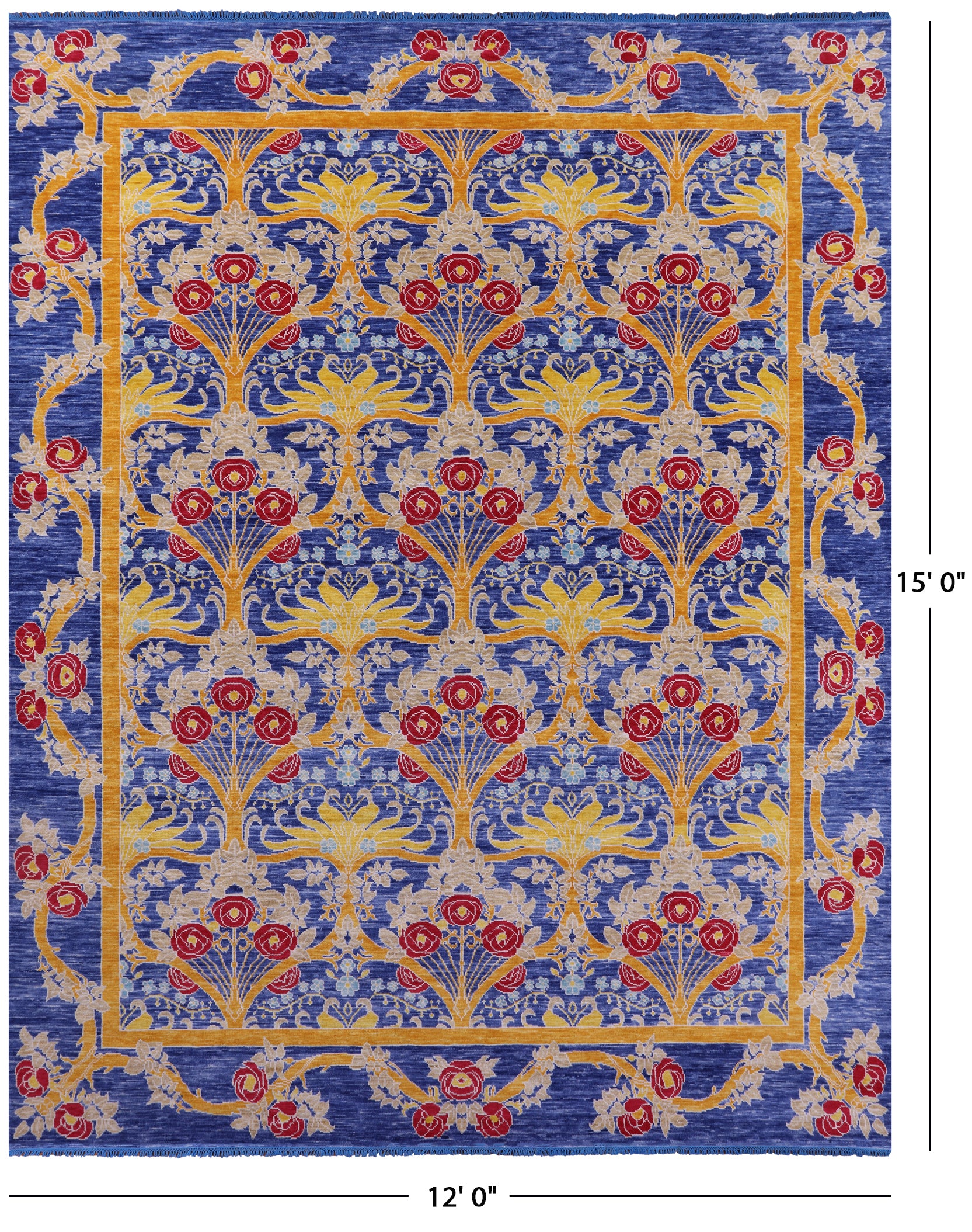 Blue William Morris Hand Knotted Wool Rug - 12' 0" X 15' 0" - Golden Nile