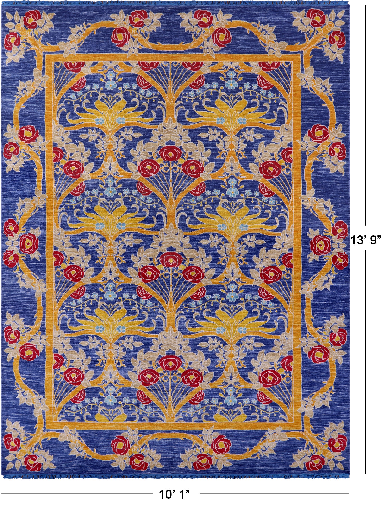Blue William Morris Hand Knotted Wool Rug - 10' 1" X 13' 9" - Golden Nile