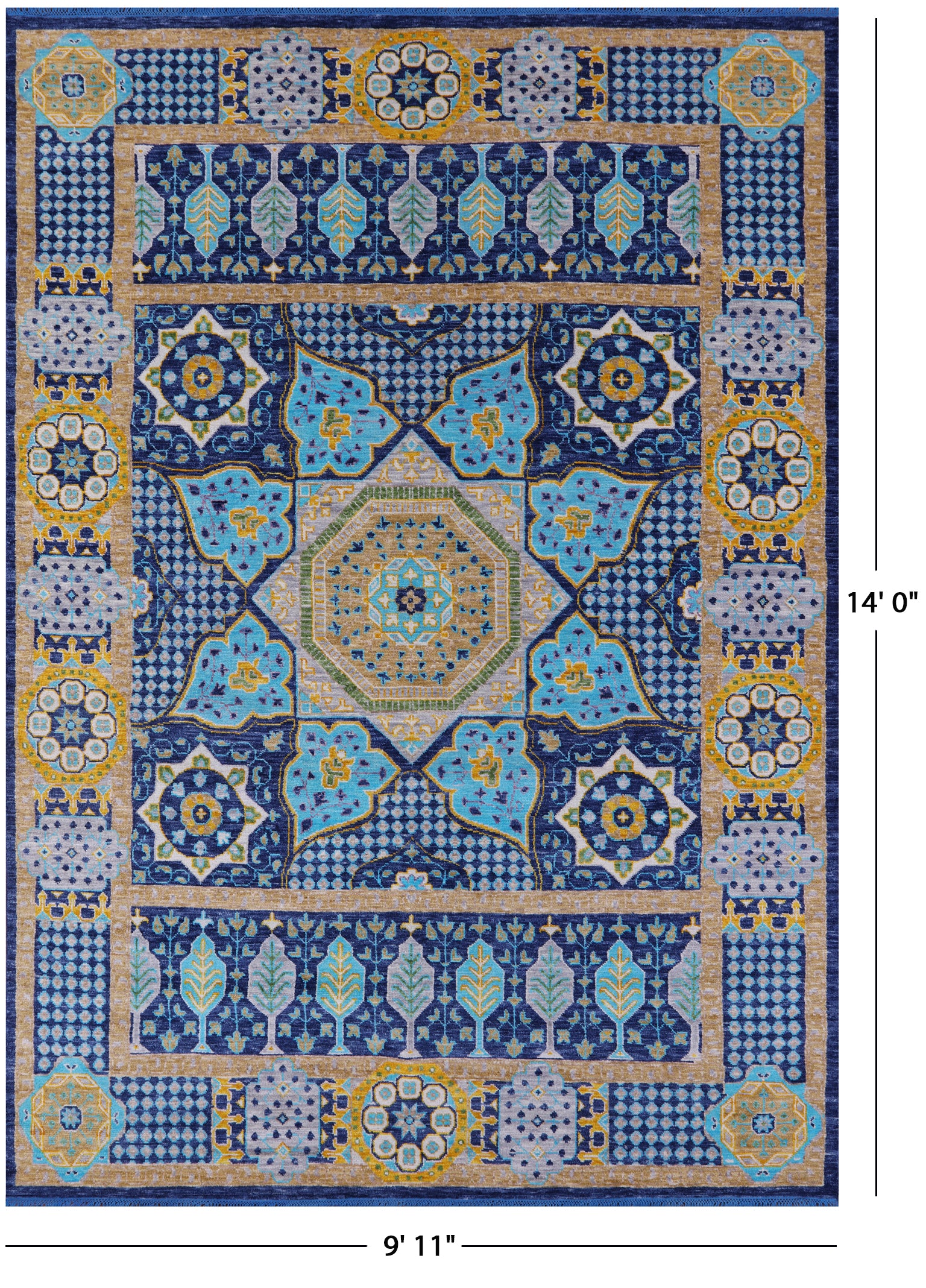 Blue Geometric Persian Mamluk Hand Knotted Wool Rug - 9' 11" X 14' 0" - Golden Nile