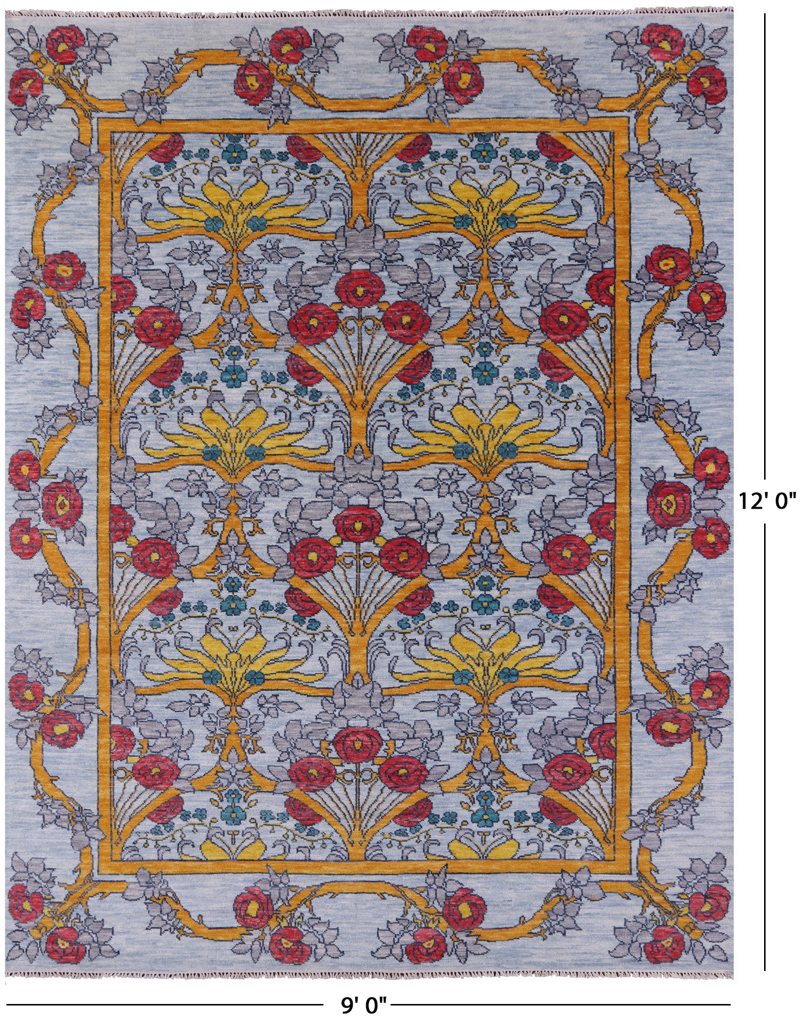 Blue William Morris Hand Knotted Wool Rug - 9' 0" X 12' 0" - Golden Nile