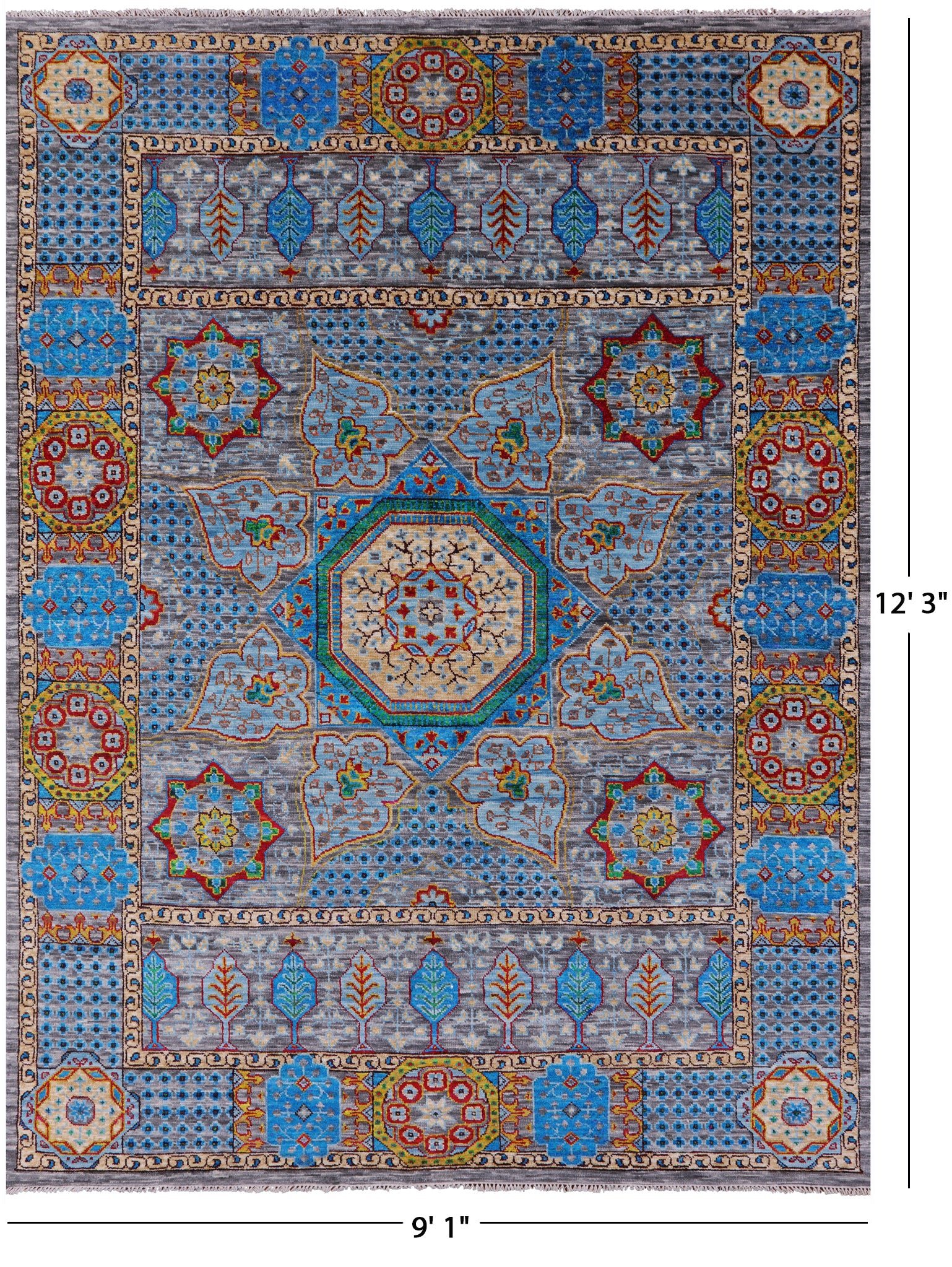 Grey Geometric Persian Mamluk Handmade Wool Rug - 9' 1" X 12' 3" - Golden Nile