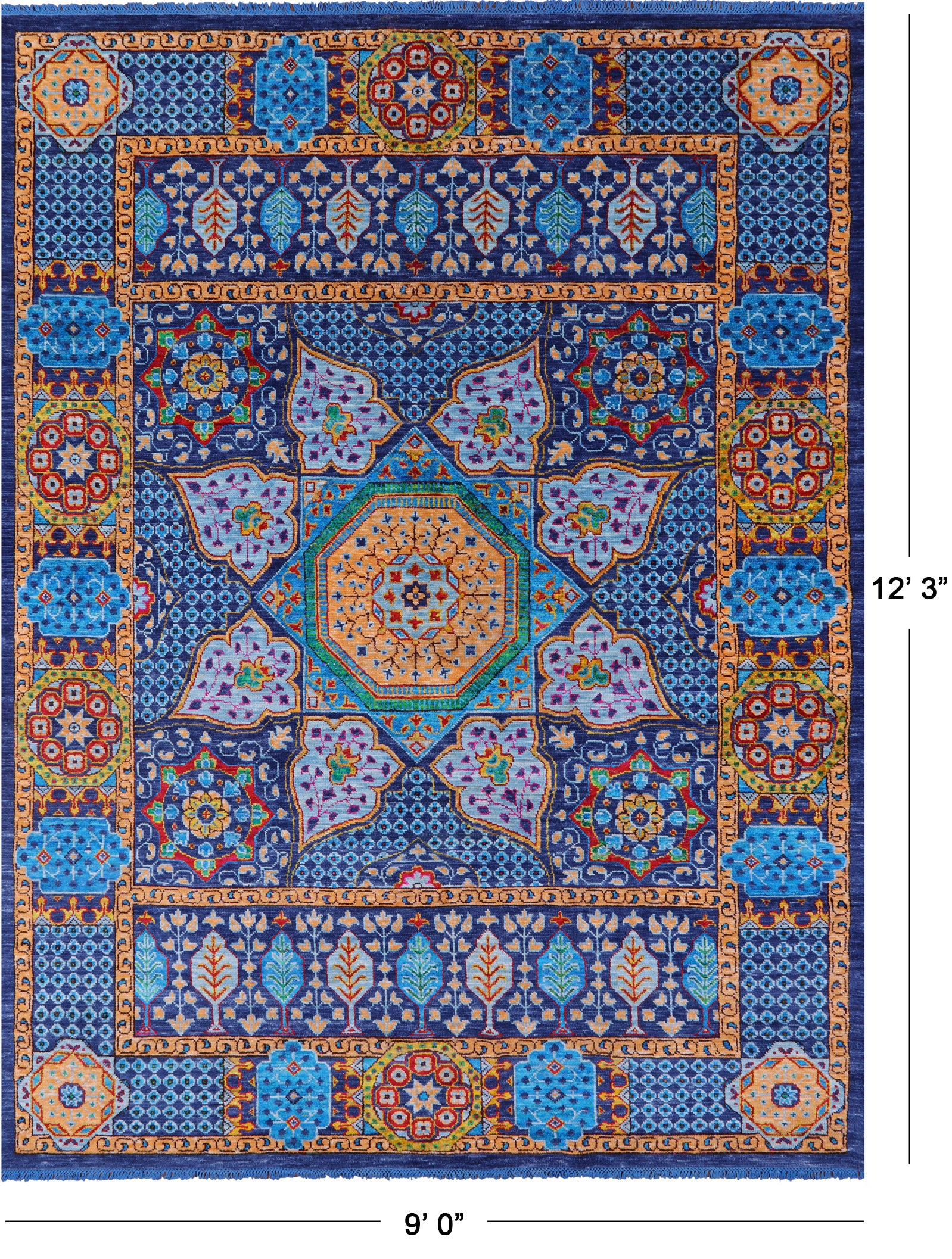 Blue Geometric Persian Mamluk Hand Knotted Wool Rug - 9' 0" X 12' 3" - Golden Nile