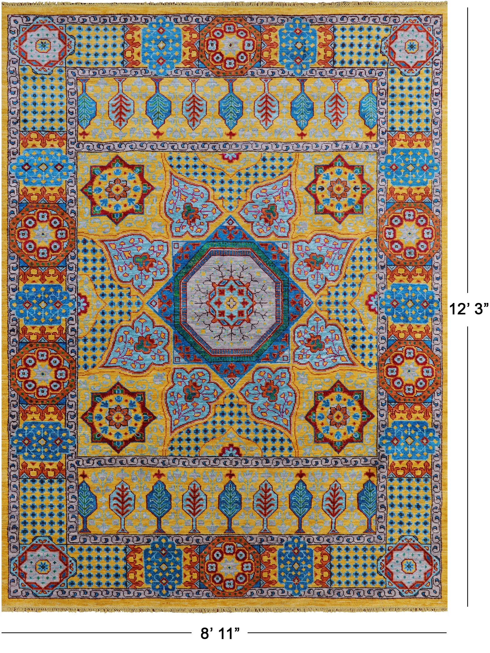 Gold Geometric Persian Mamluk Handmade Wool Rug - 8' 11" X 12' 3" - Golden Nile