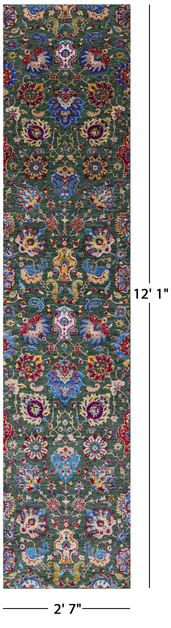Green Persian Tabriz Handmade Wool & Silk Runner Rug - 2' 7" X 12' 1" - Golden Nile