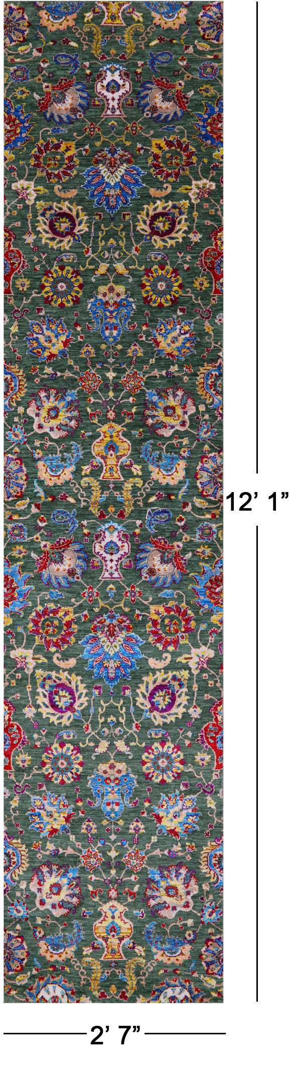Green Persian Tabriz Hand Knotted Wool & Silk Runner Rug - 2' 7" X 12' 1" - Golden Nile