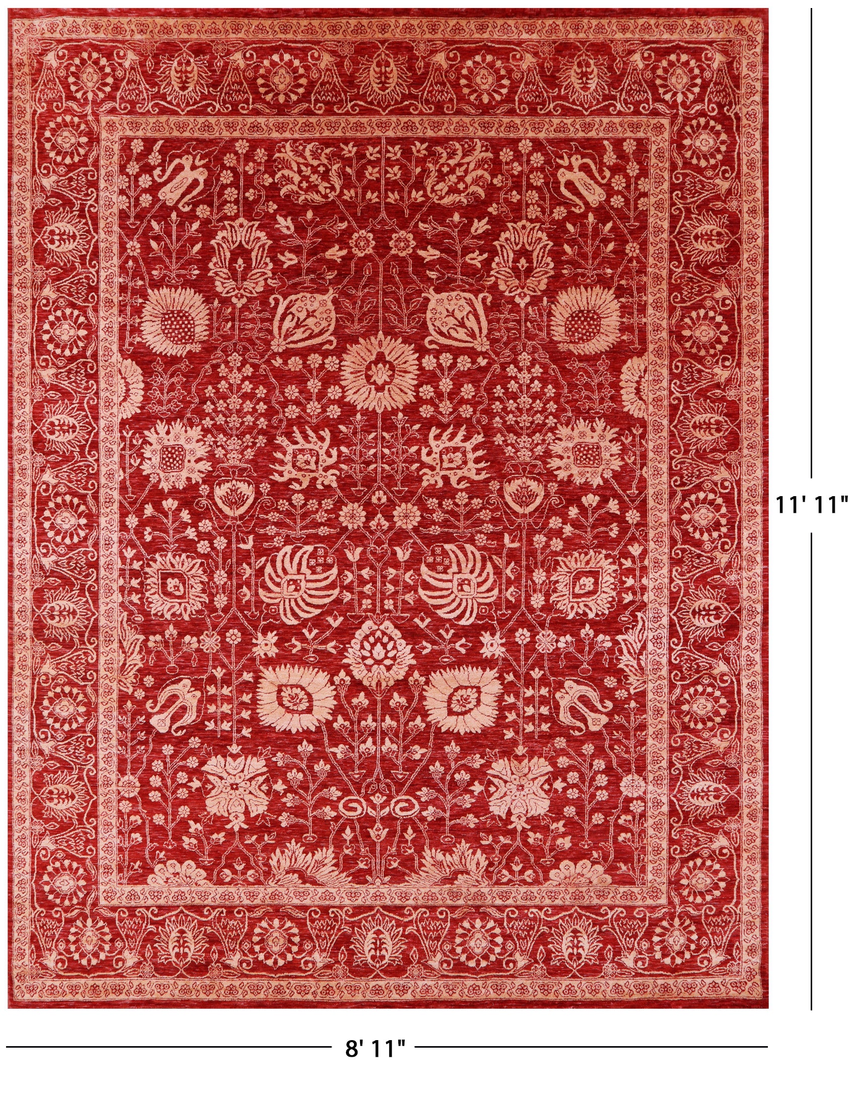 Red Persian Tabriz Hand Knotted Wool & Silk Rug - 8' 11" X 11' 11" - Golden Nile