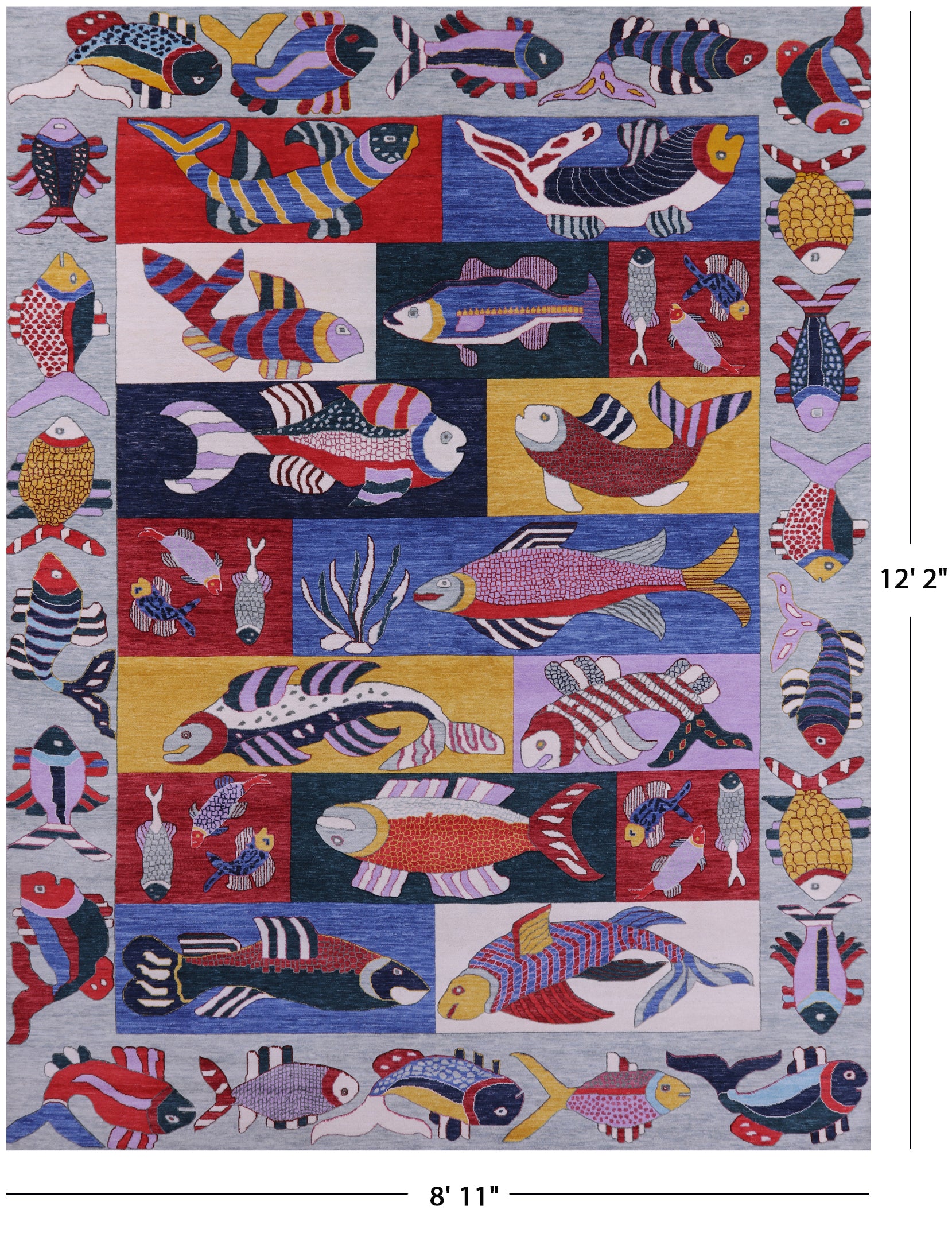 Fish Design Persian Gabbeh Hand Knotted Wool Rug - 8' 11" X 12' 2" - Golden Nile