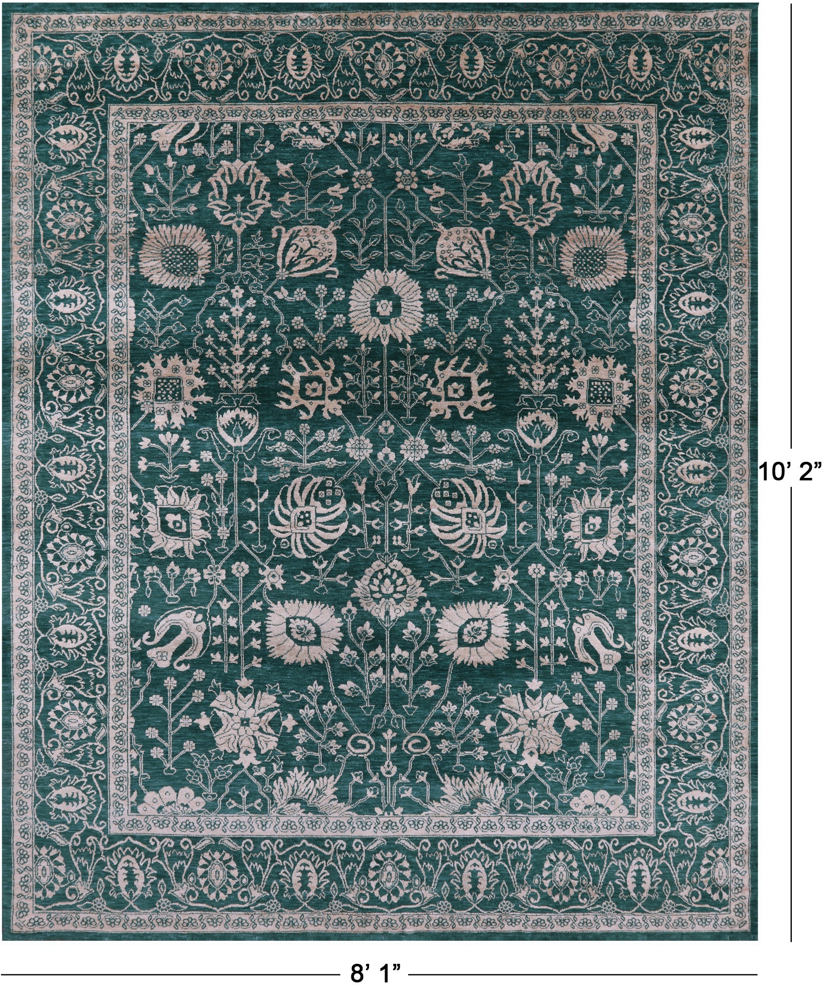 Green Persian Tabriz Hand Knotted Wool & Silk Rug - 8' 1" X 10' 2" - Golden Nile