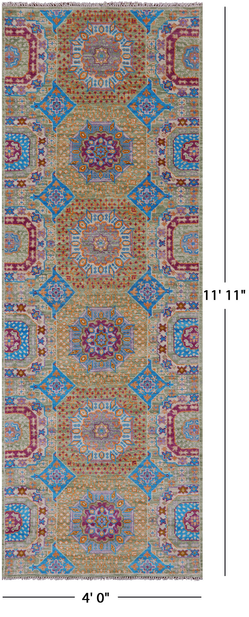 Geometric Persian Mamluk Hand Knotted Wool Runner Rug - 4' 0" X 11' 11" - Golden Nile