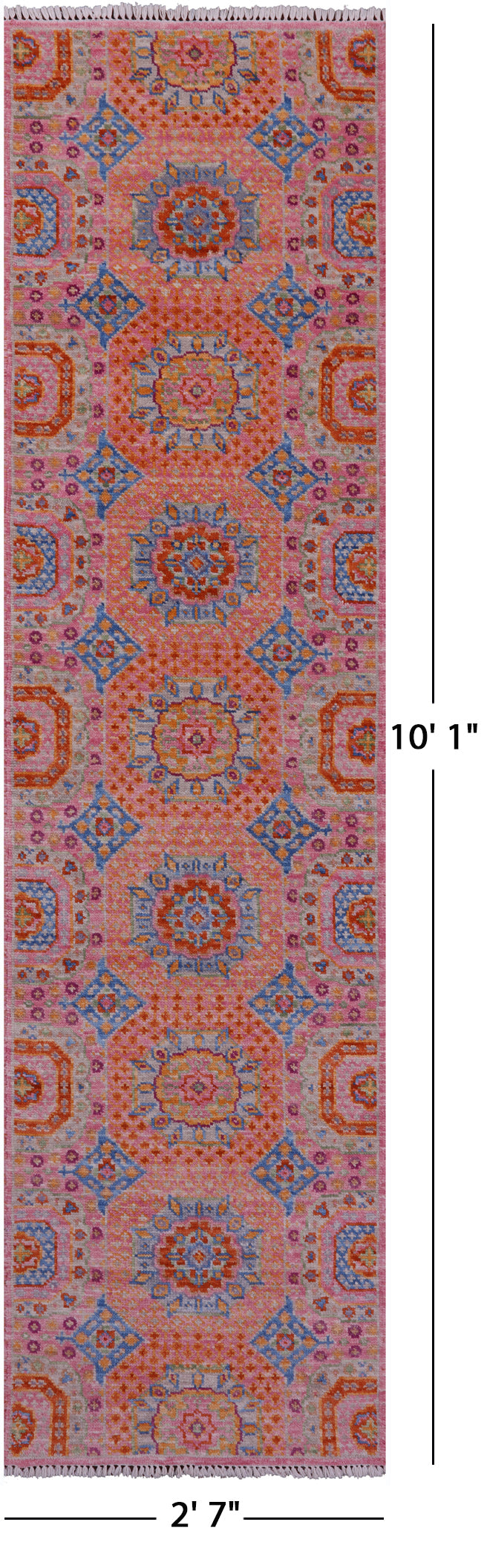Pink Geometric Persian Mamluk Hand Knotted Wool Runner Rug - 2' 7" X 10' 1" - Golden Nile
