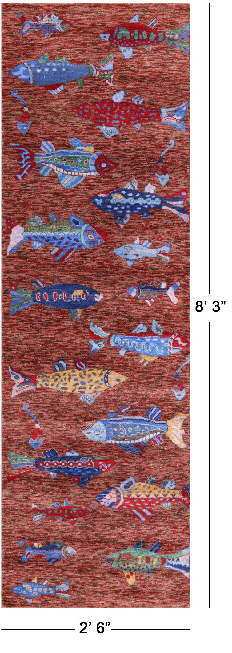 Brown Fish Design Persian Gabbeh Hand Knotted Wool Runner Rug - 2' 6" X 8' 3" - Golden Nile