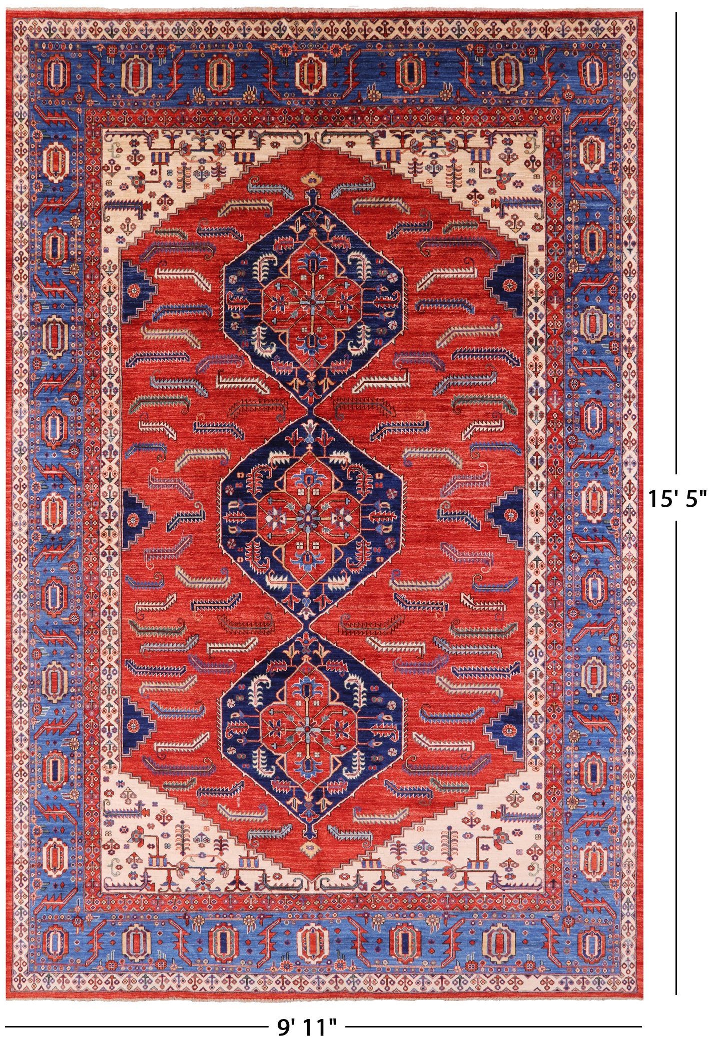 Red Persian Fine Serapi Hand Knotted Wool Rug - 9' 11" X 15' 5" - Golden Nile