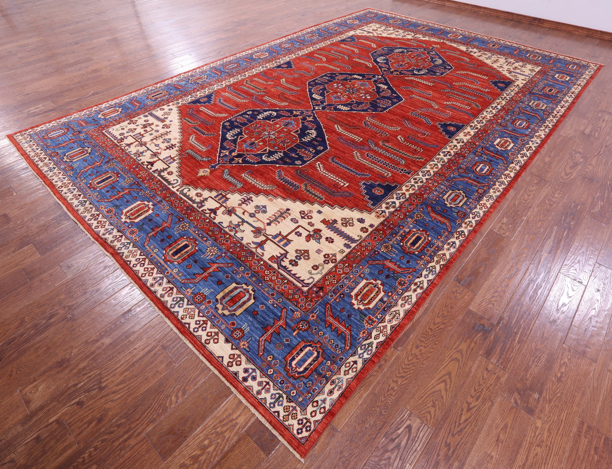 Red Persian Fine Serapi Hand Knotted Wool Rug - 9' 11" X 15' 5" - Golden Nile