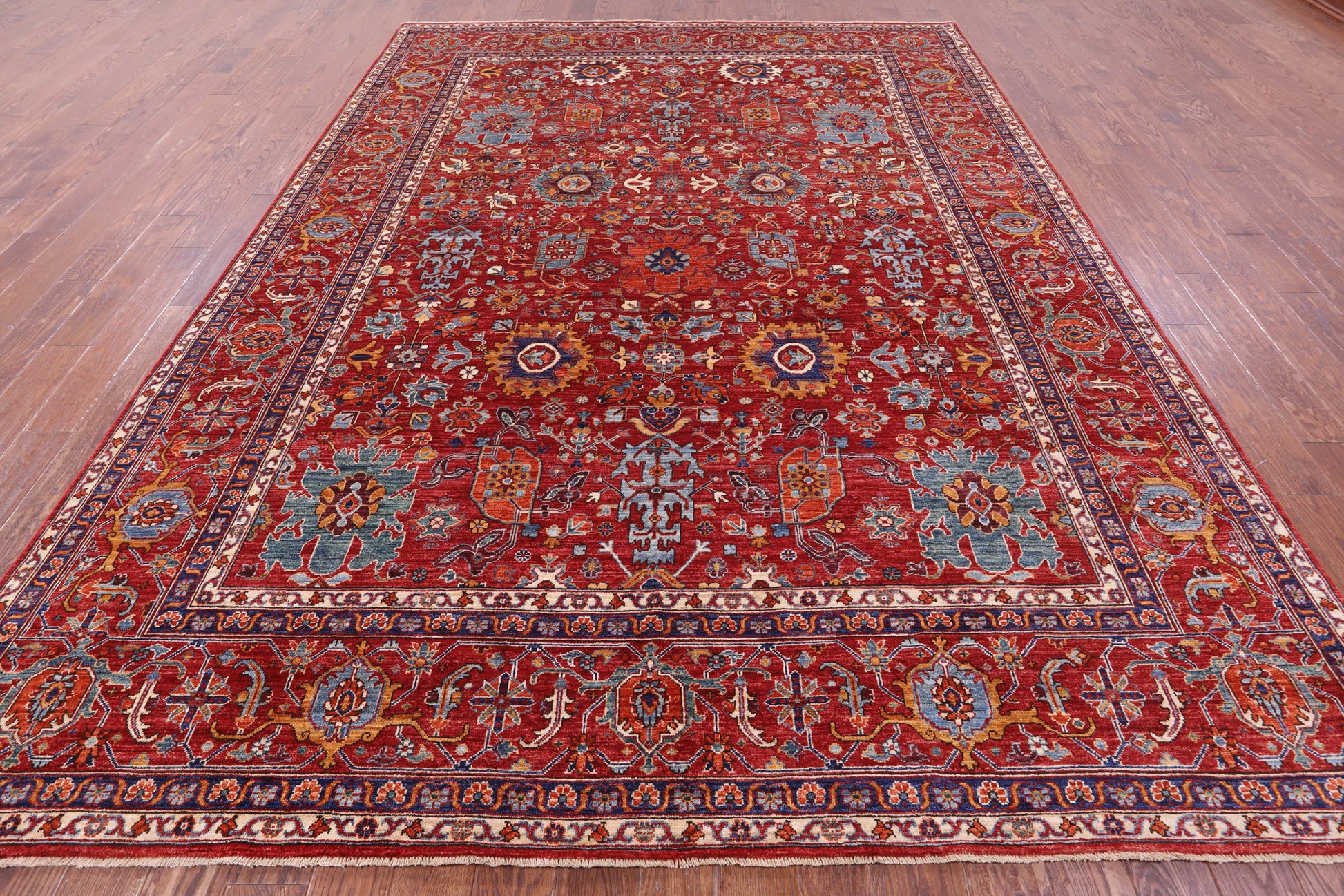 Red Persian Fine Serapi Hand Knotted Wool Rug - 8' 10" X 12' 1" - Golden Nile