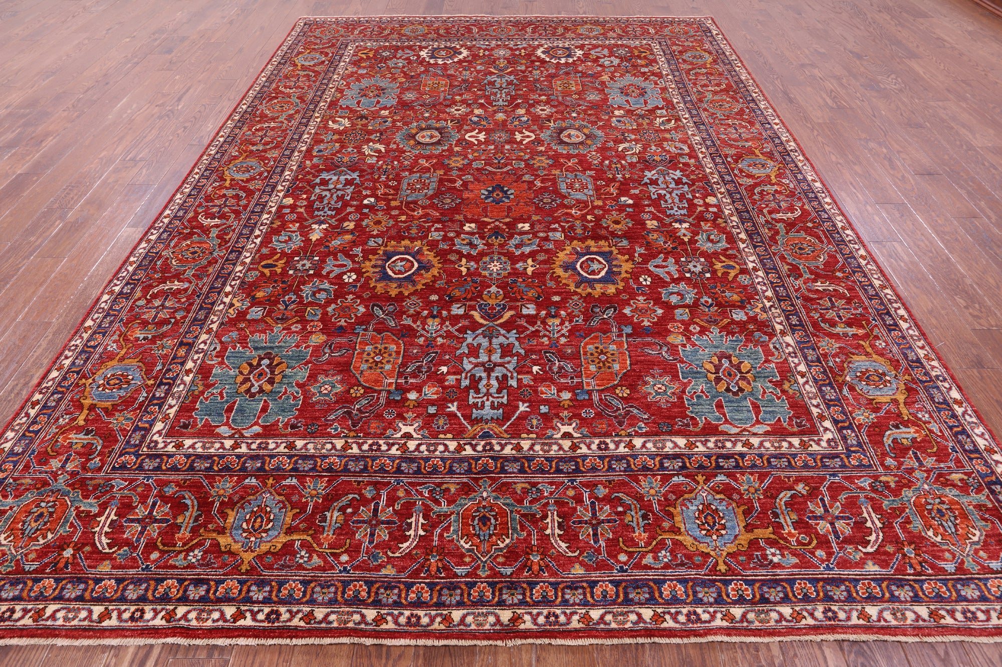 Red Persian Fine Serapi Hand Knotted Wool Rug - 8' 10" X 12' 1" - Golden Nile