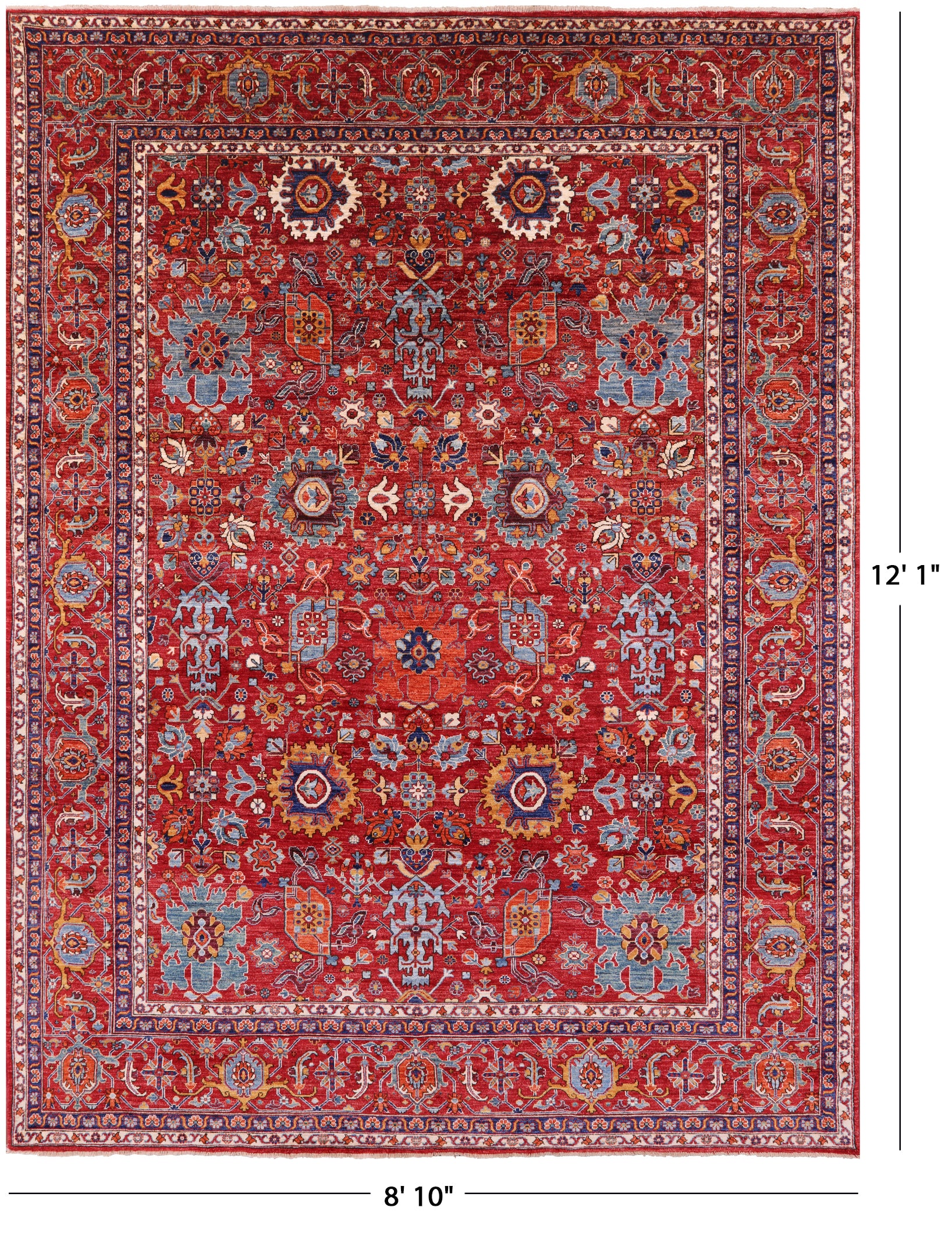 Red Persian Fine Serapi Hand Knotted Wool Rug - 8' 10" X 12' 1" - Golden Nile