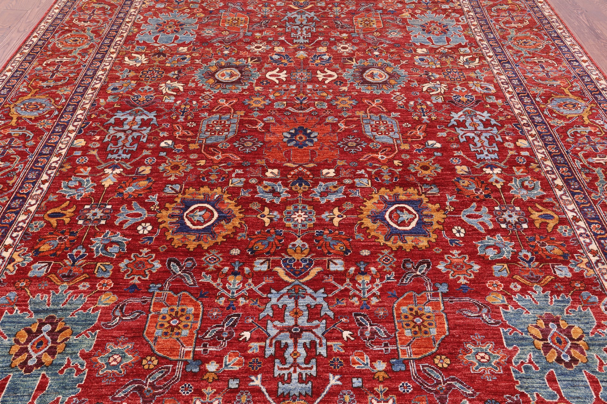 Red Persian Fine Serapi Hand Knotted Wool Rug - 8' 10" X 12' 1" - Golden Nile