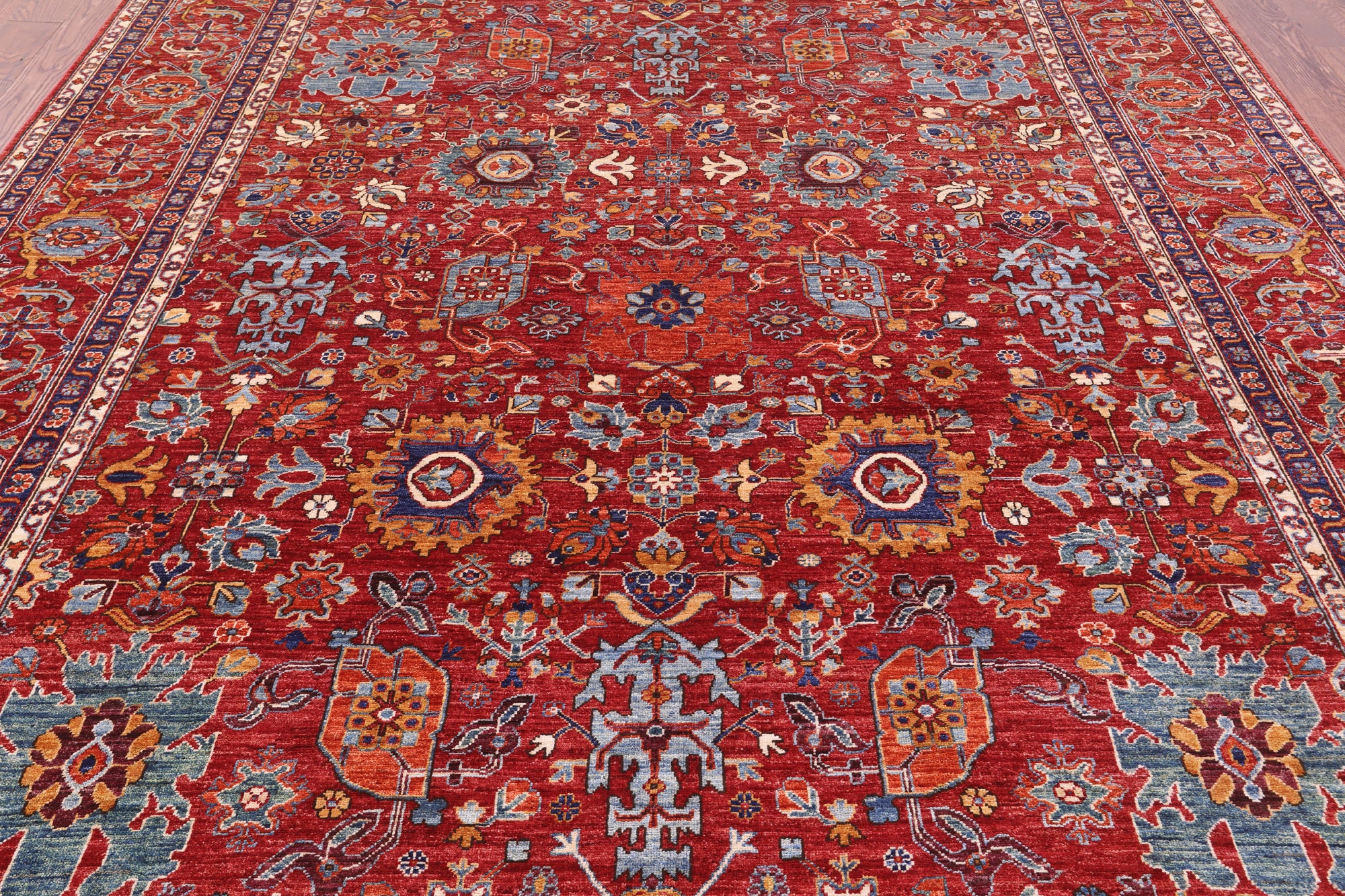 Red Persian Fine Serapi Hand Knotted Wool Rug - 8' 10" X 12' 1" - Golden Nile