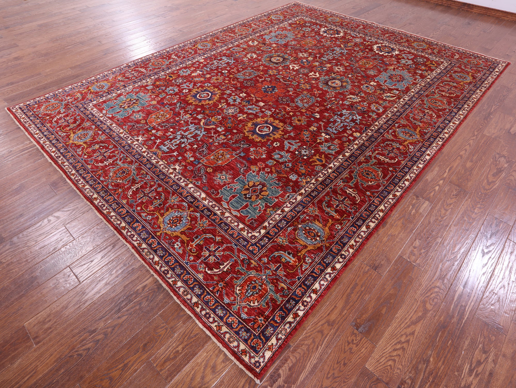 Red Persian Fine Serapi Hand Knotted Wool Rug - 8' 10" X 12' 1" - Golden Nile