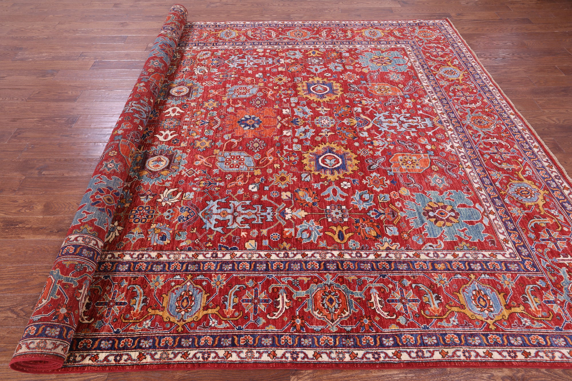 Red Persian Fine Serapi Hand Knotted Wool Rug - 8' 10" X 12' 1" - Golden Nile